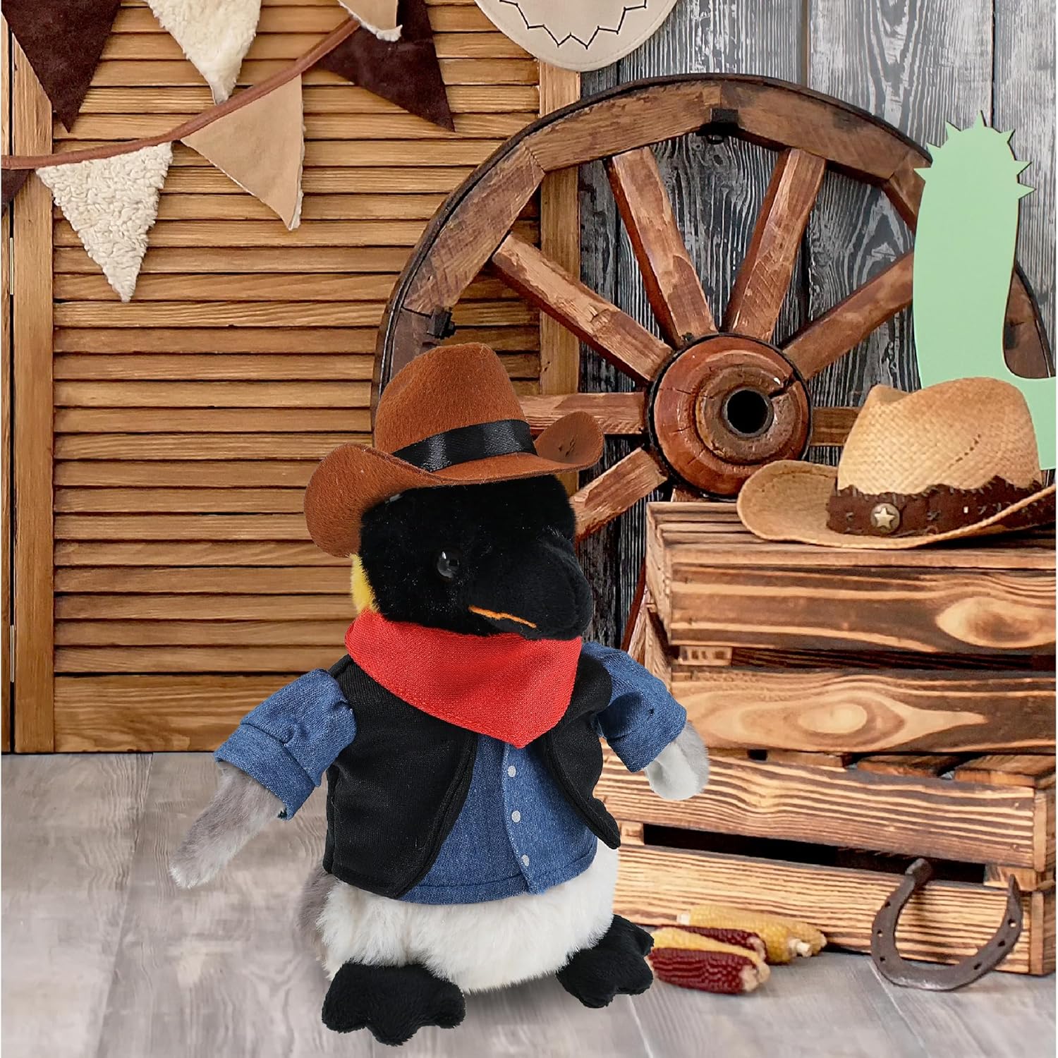 DolliBu Emperor Penguin Stuffed Animal Cowboy Plush with Name Personalization - Western-Themed Penguin Plush with Cute Cowboy Costume Denim Shirt Vest, Bandana, Leather Pants, and Hat - 7 Inches