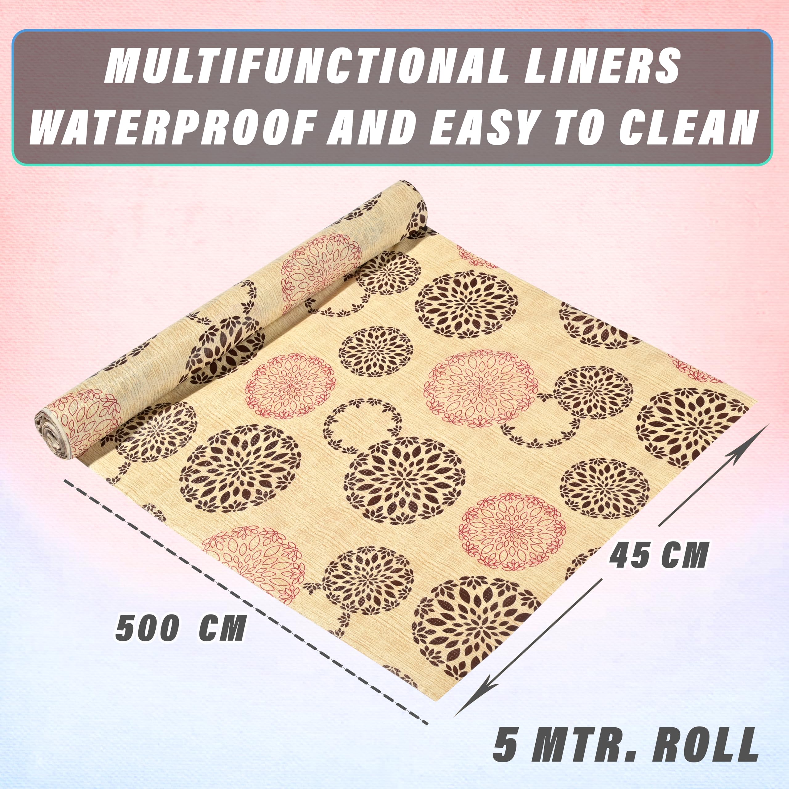 Kuber Industries Shelf Mat | Rangoli Print Shelf Liner | Placemat for Kitchen | Desk Mat | PVC Non-Slip Drawer Sheets| Kitchen Cabinet Shelf Liner | 5 Meter | Beige 1