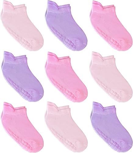 Simply Kids Calcetines tobilleros antideslizantes para bebé (9 pares), agarre superior, algodón suave, para niñas y niños activos (de 0 a 7 años)