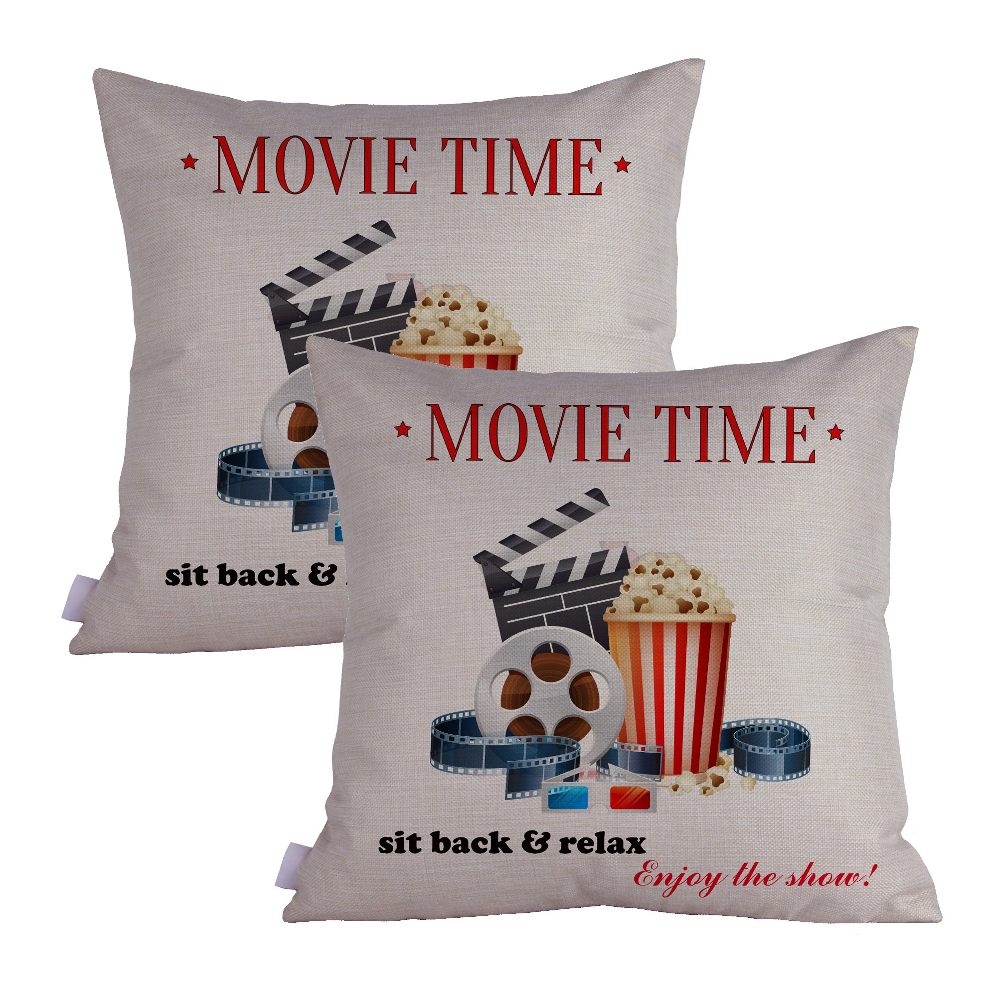 Queenie® - 2 Pcs Movie & Music Theme Decorative Pillow Cases Throw Cushion Covers 45 cm x 45 cm 18 x 18 Inch (Movie Time B)