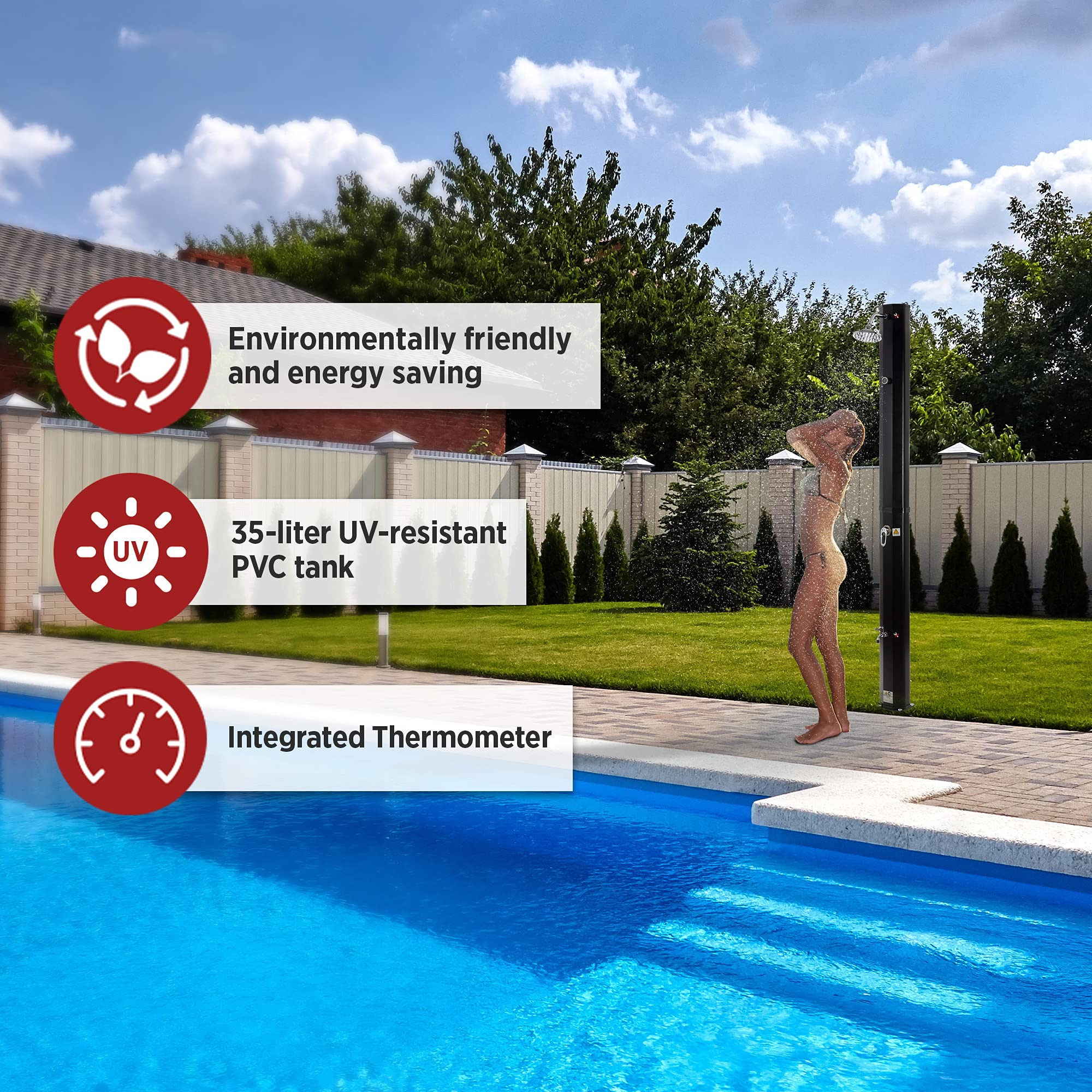 AREBOS Prysznic solarny 35 l Z osłoną ochronną | i Antracytowa Płyta Podłogowa | z osłoną ochronną | ze zintegrowanym termometrem i prysznicem | z przyłączem węża ogrodowego | Czarny | 216cm