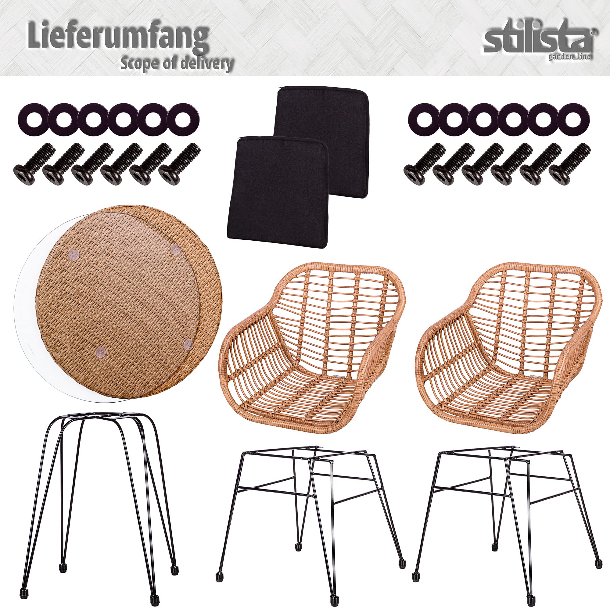 STILISTA 3-teiliges Poly-Rattan Bistroset 2 Lounge Sessel Beistell-Tisch Wetterfest Indoor Outdoor geeignet