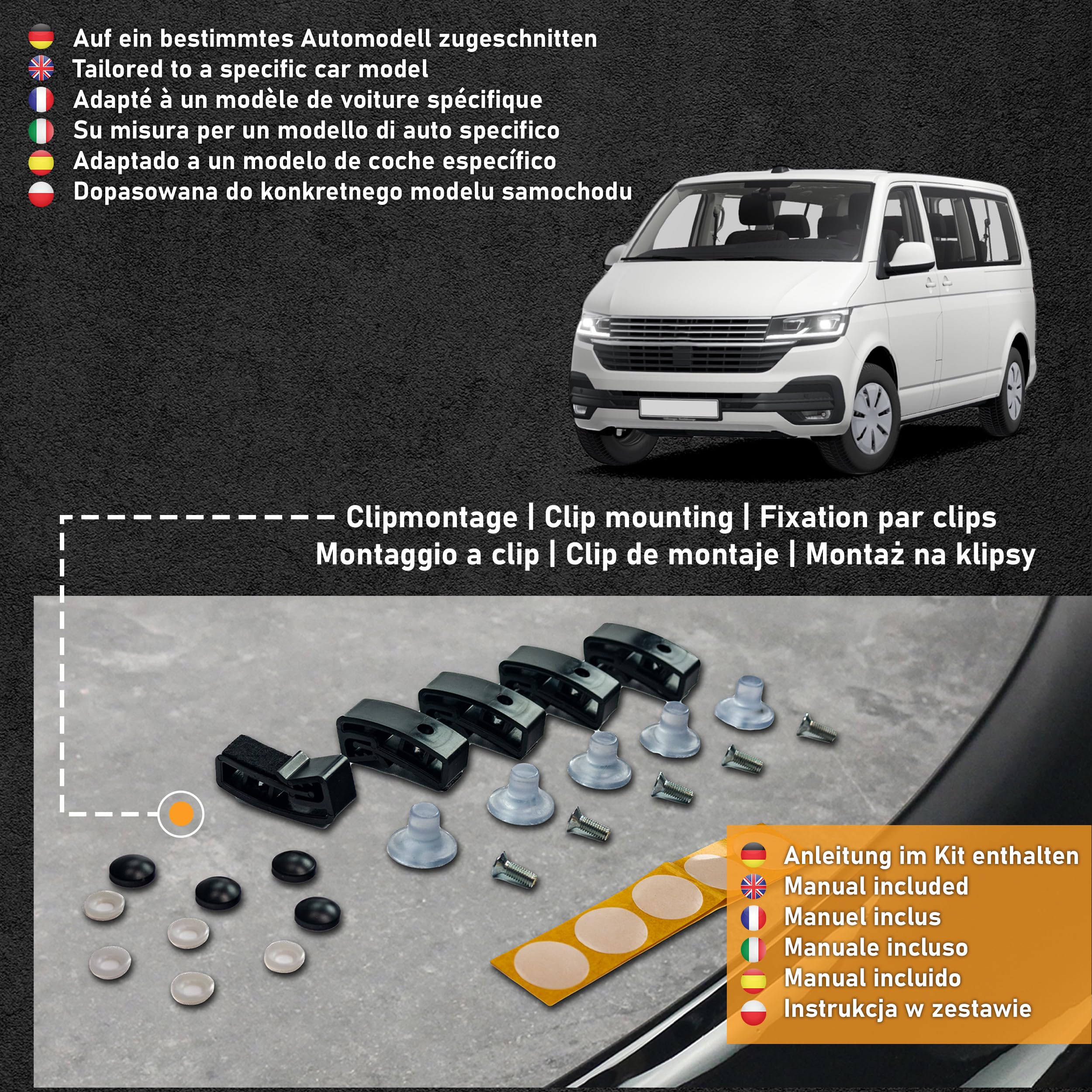 CHROMEMASTER | Akcesoria Samochodowe; Ochrona Przed Kamieniami; Osłona Maski Auta | Kompatybilna z VW T6.1 Multivan od 2019 roku | Czarne Tworzywo ABS | Deflektor Chroni Maskę Przed Uszkodzeniem