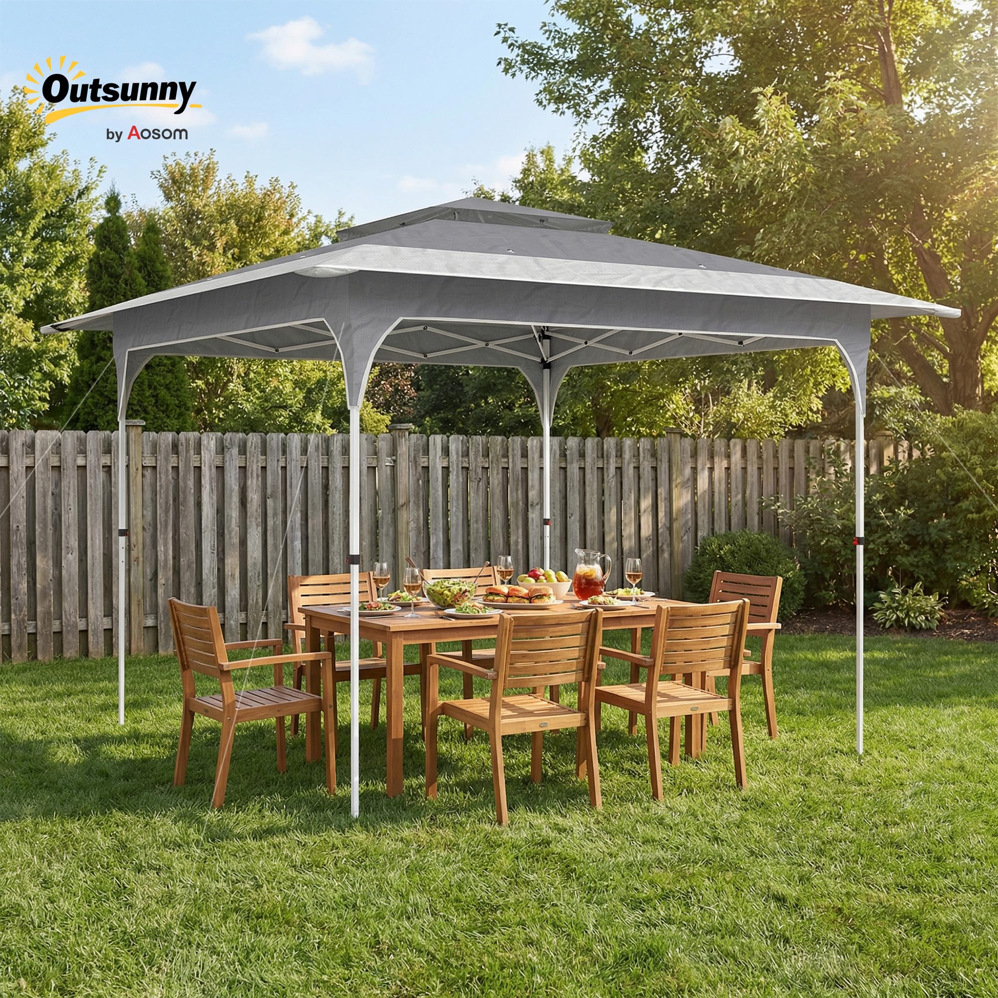Outsunny Gazebo Pieghevole 3.5x3.5 m Pop Up Facile Montare con Pulsante Centrale, Gazebo da Giardino Altezza Regolabile con Tetto Doppio, Borsa da Trasporto, UV50+, per Esterno Feste, Grigio Scuro