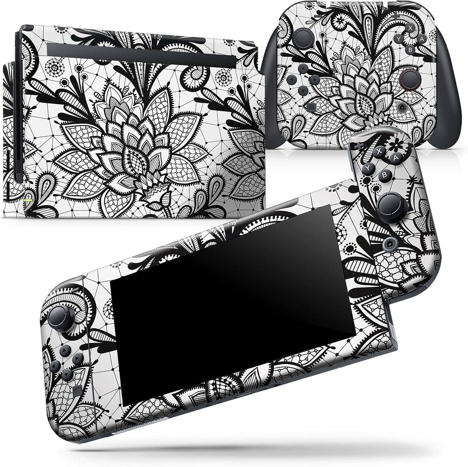 Design Skinz - Compatible with Nintendo Switch OLED Console Bundle - Skin Decal Protective Scratch-Resistant Removable Vinyl Wrap Cover - Black and White Geometric Floral