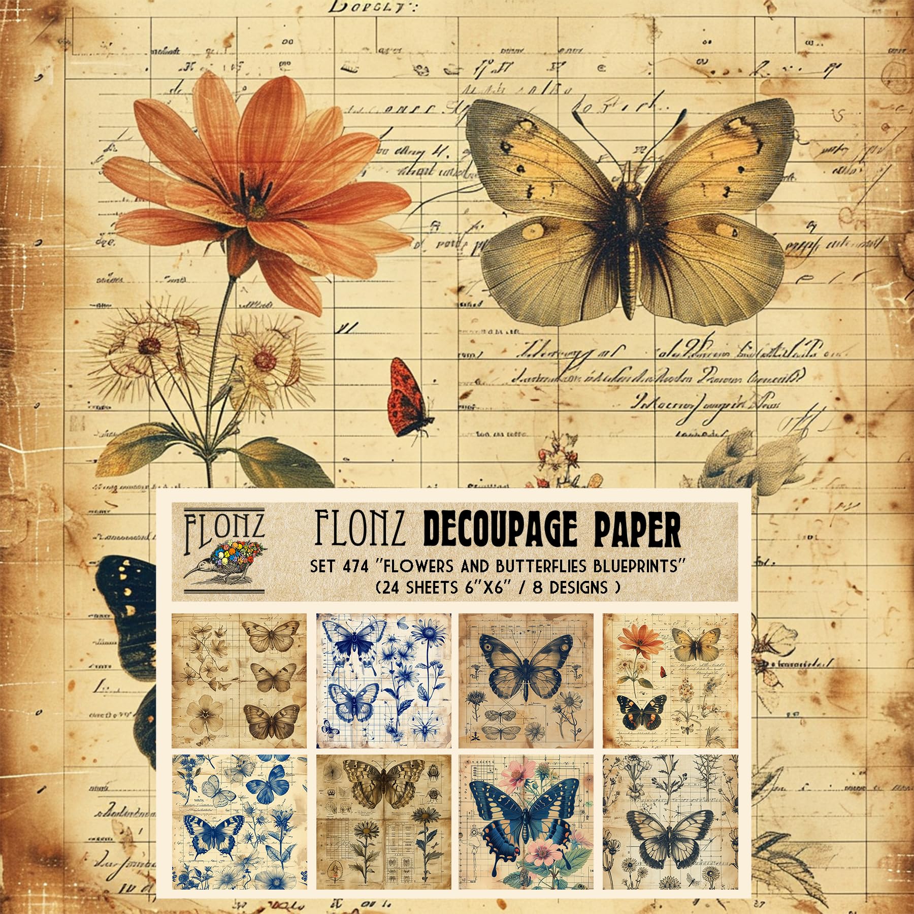 Papel para decoupage vintage de 15x15 cm con flores y mariposas para manualidades, 24 hojas
