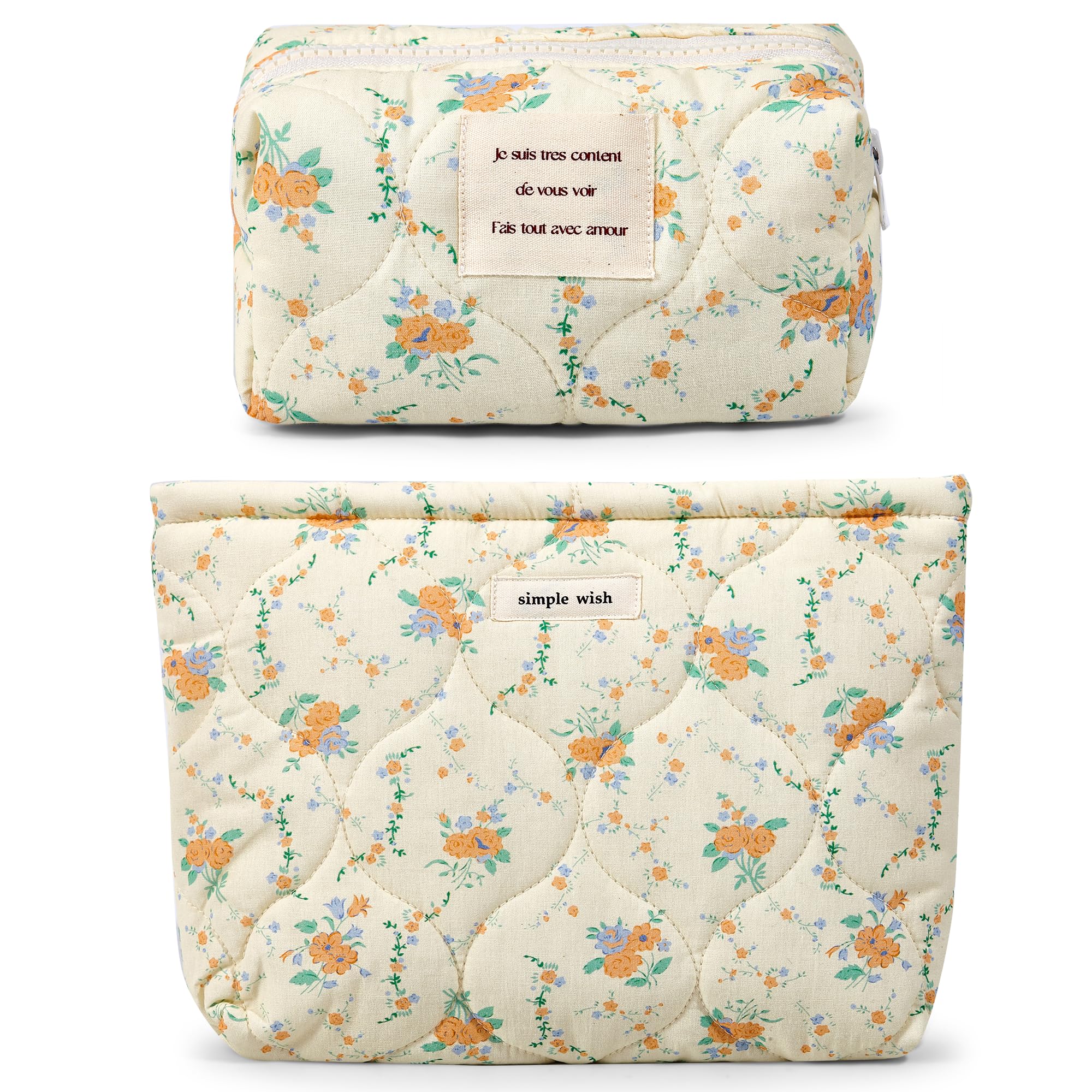 Sminra 2 Pieces Floral Makeup Bag, Cute Travel Quilted Pouch Cosmetic Bag Organizer, Small Cotton Coquette Aesthetic Purse Toiletry Bag for Women