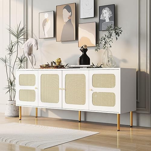Aparador de ratán para buffet, 4 puertas, armario de almacenamiento, mesa de consola, gabinete decorativo, estantes ajustables para cocina, sala de