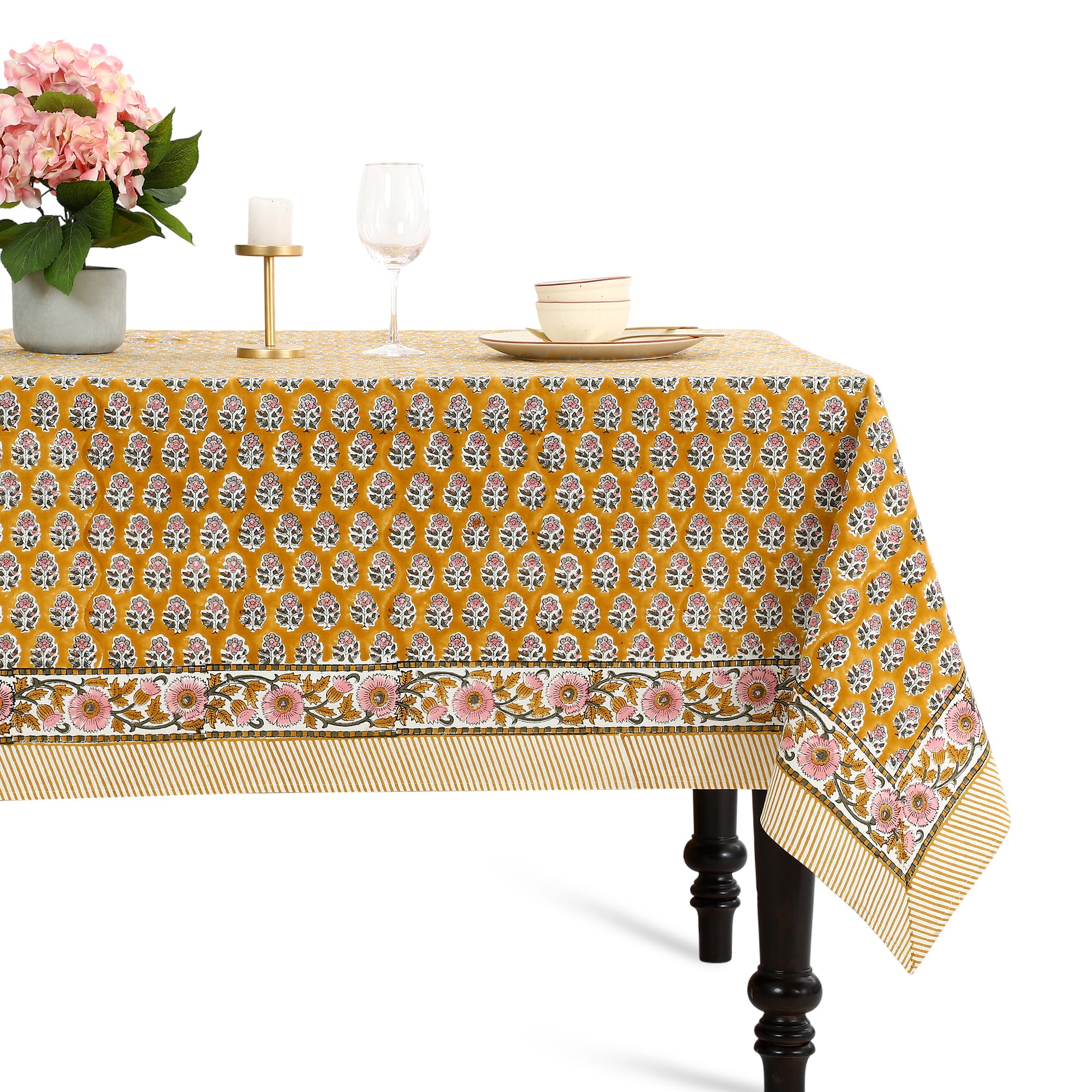CPC Yellow Citrine Block Print 100% Cotton Square Tablecloth 54x54 Inch