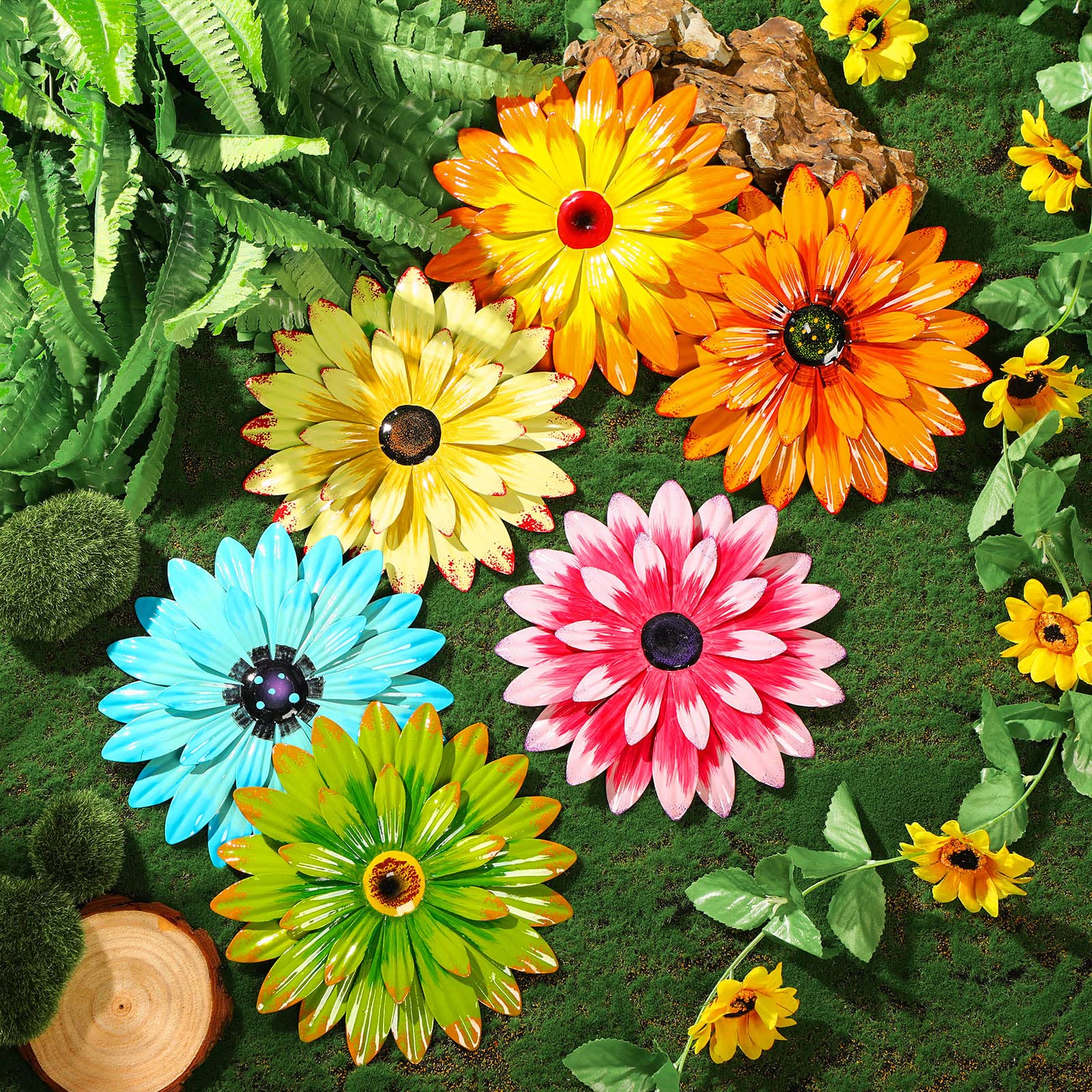 Photect 6 Decoraciones de Pared de Flores de Metal Bohemias Margaritas de Metal en 3D de Múltiples Capas Arte de Flor Colgante de Pared para Exterior Hogar Jardín Patio Salón Baño, 21 cm