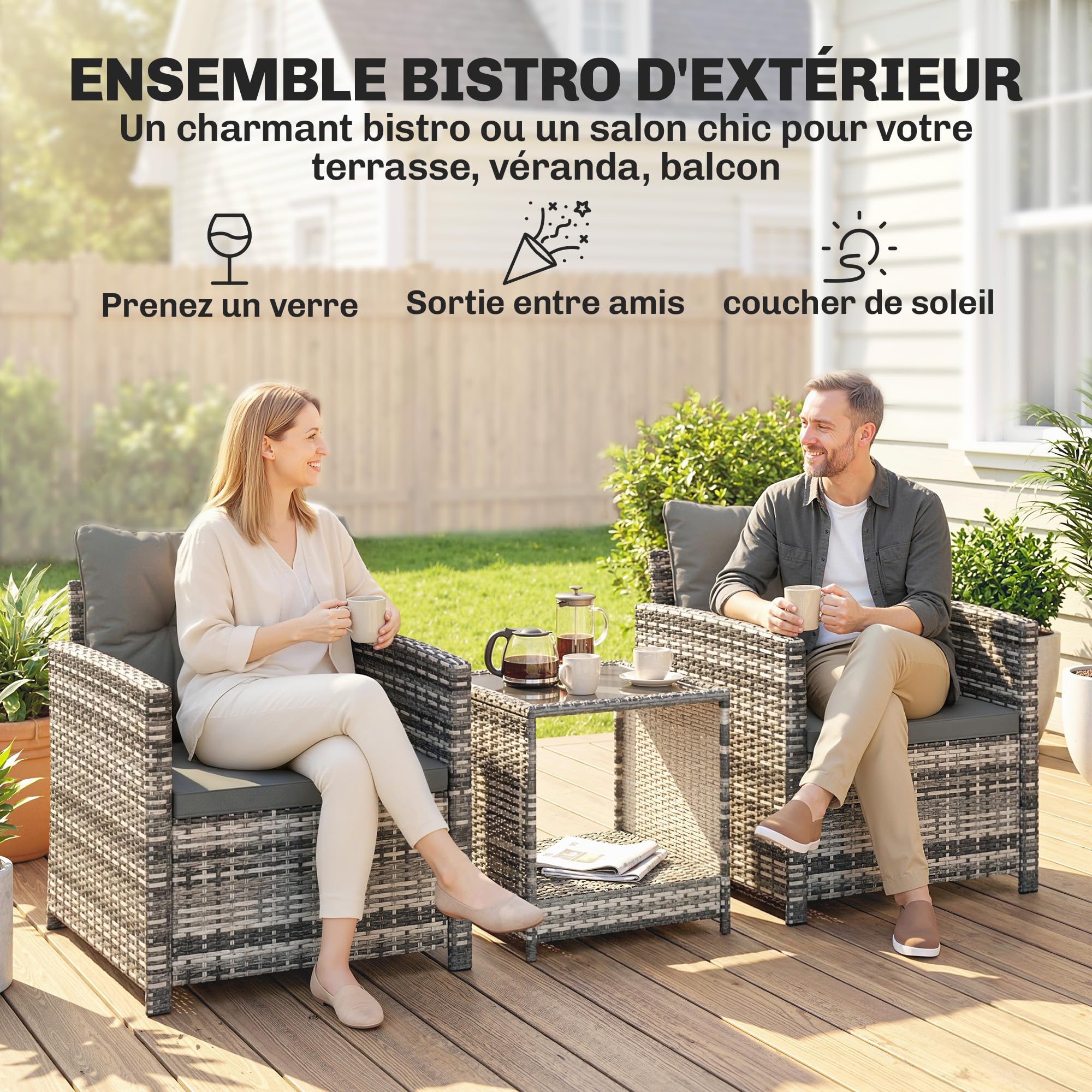Outsunny Salon de Jardin Extérieur 3 Pièces en Résine Tressée Gris Clair | avec Table de Rangement, 2 Fauteuils, Coussins Déhoussables, Mobilier Terrasse Patio Balcon
