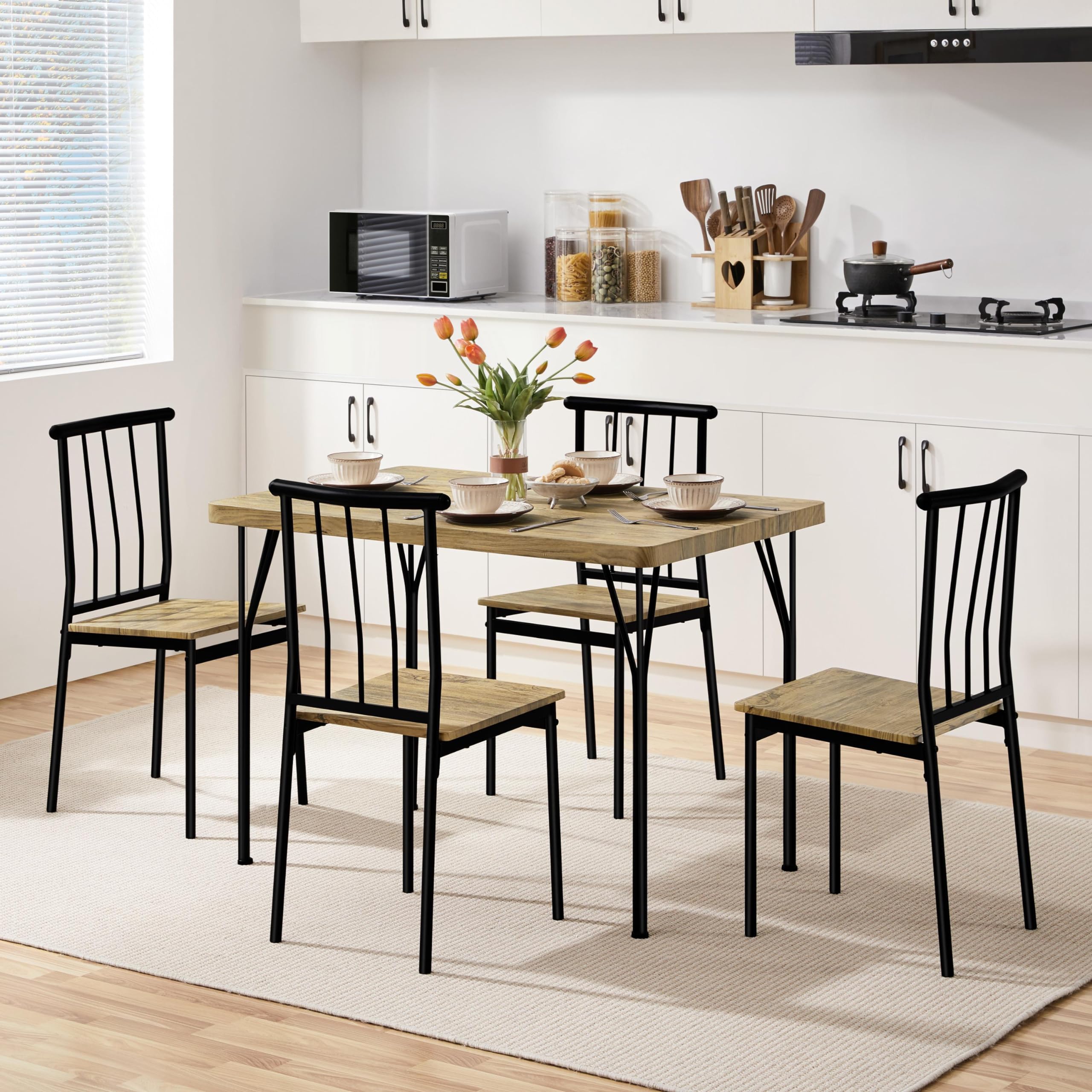 Yaheetech Conjunto Mesa y 4 Sillas de Comedor Tablero de 4 cm, Sillas Apilables, Estilo Industrial, Madera y Metal, para Cocina Pequeña, Apartamento o Terraza, Marrón, 110×70 cm