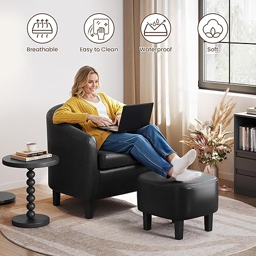 Miniatura 8 de Yaheetech Silla decorativa con reposapiés otomano, piel sintética, moderna tapizada de mediados de siglo, silla de barril suave, cómodo juego de