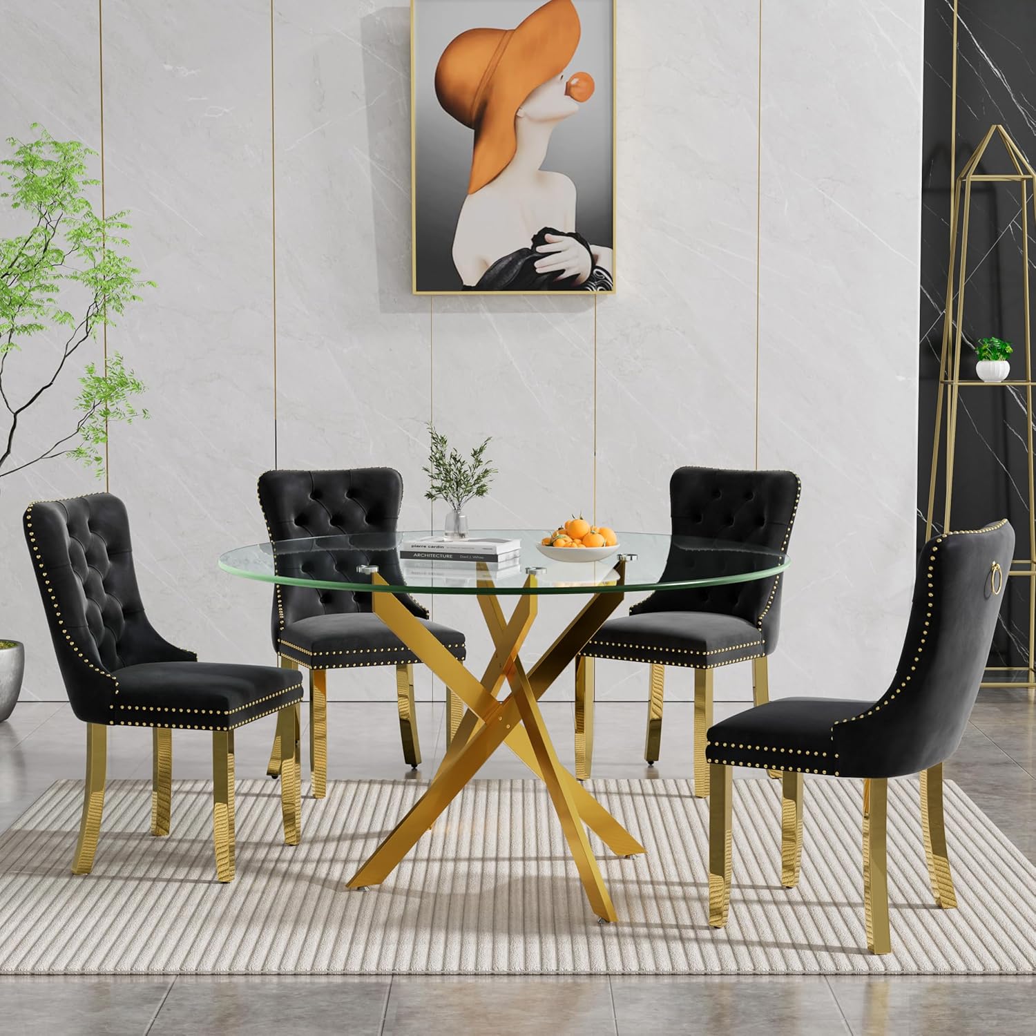Goujxcy Round Dining Table Set for 4, Modern Glass Kitchen Table and Chairs Set of 4, 5-Piece Dining Room Table Set w/47 Circle Gold Glass Dining Table and 4 Upholstered Velvet Chairs