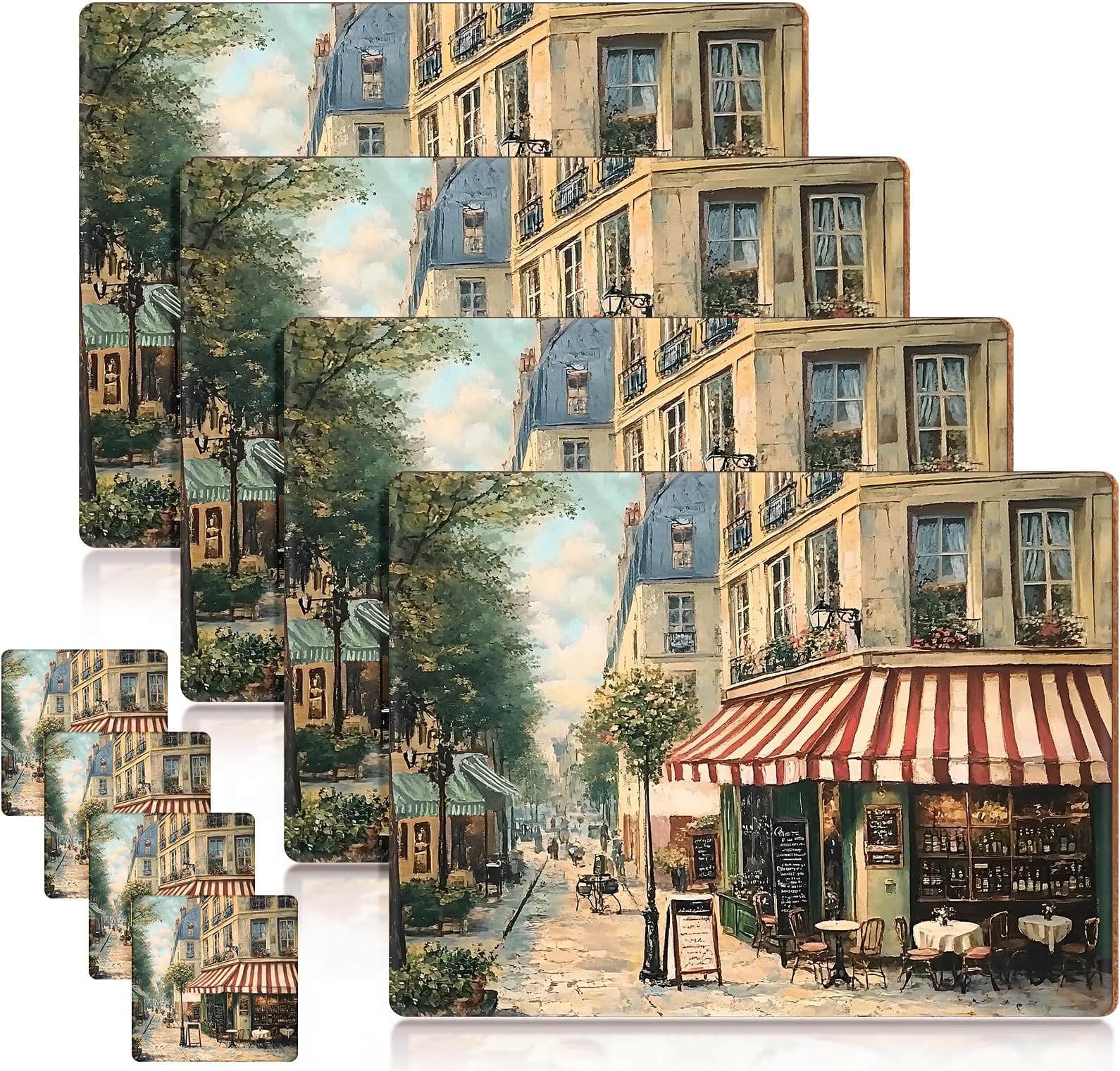 4 Sets Cork Placemats with Coasters Include Street Scene Table Mats and Square Coasters Cork Placemats Set for Kitchen Dinner Table Setting Supplies, 11.4 x 15.4 Inch