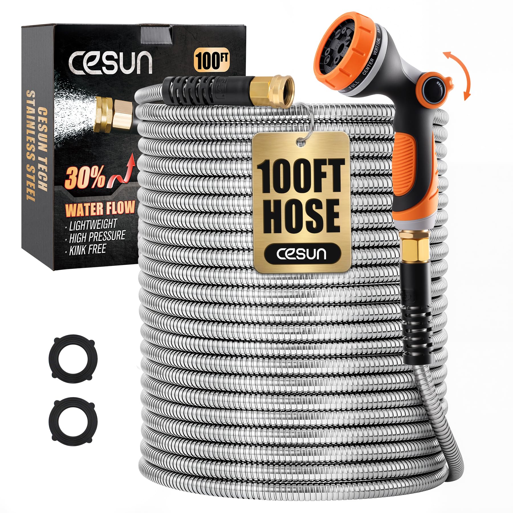 Cesun 100 ft Metal Garden Hose, Stainless Steel Heavy Duty Water Hose With 10 Function Nozzle, No Kink & Flexible, Lightweight and Durable, Rust Proof for Yard, RV, Pet Bath, Outdoor, 100 foot x 5/8"