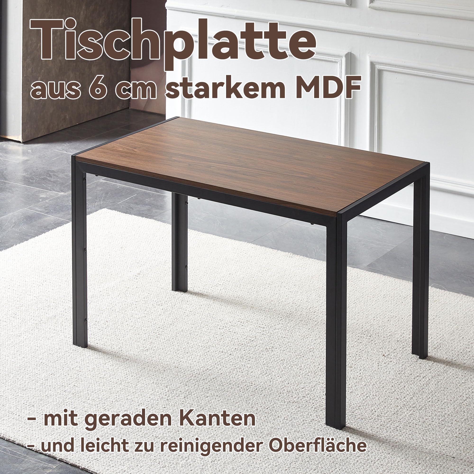 NORDICANA Esstisch, Schreibtisch, 120x70x75 cm Tisch, Küchentisch mit Eichenholz-Masereffekt, für 4 Personen, Landhausstil, mit Stahlbeinen, Tischplatte aus MDF, für Esszimmer, Homeoffice, Küche