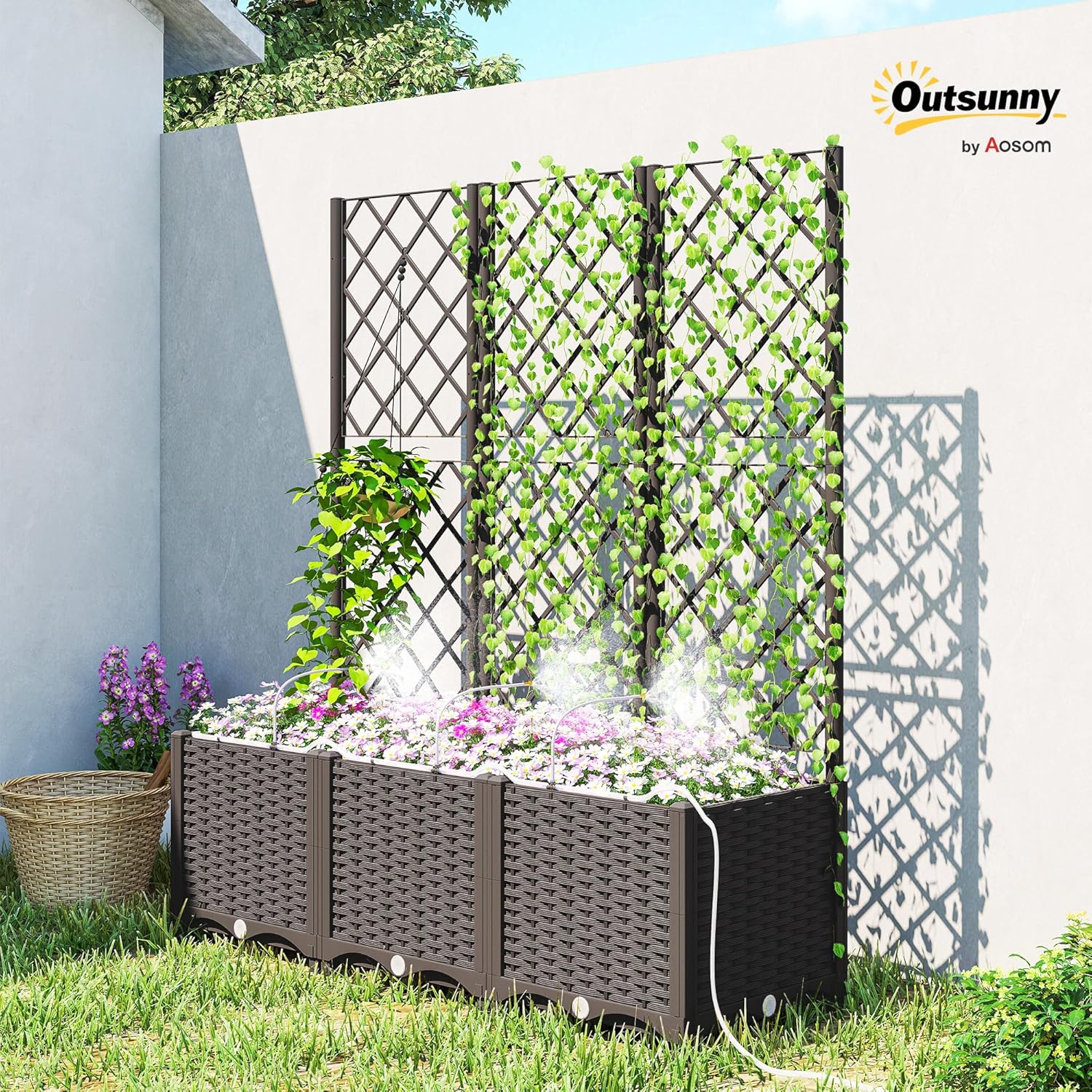 Outsunny 3PCS Plastic Planter Box with Trellis, Self-Watering Raised Garden Bed with Trellis and Automatic Watering Timer Kit, Outdoor Raised Planter with Drainage Holes, Plugs and Water Reservoir