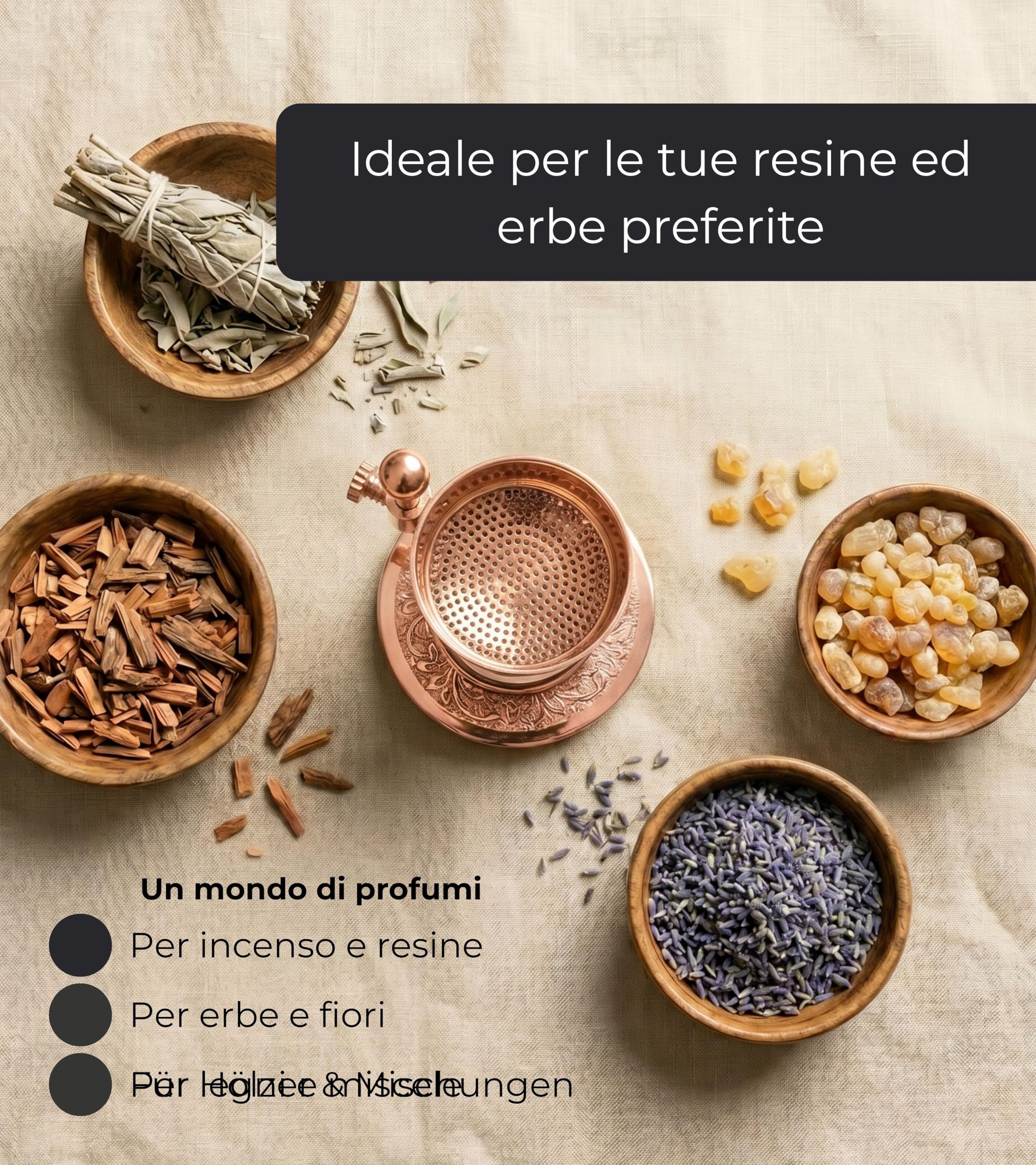 Incensera Bruciatore con Colino in Oro Rosa – Porta Resine ed Erbe, Contenitore Robusto, Incense Burner, Accessorio per Affumicatura