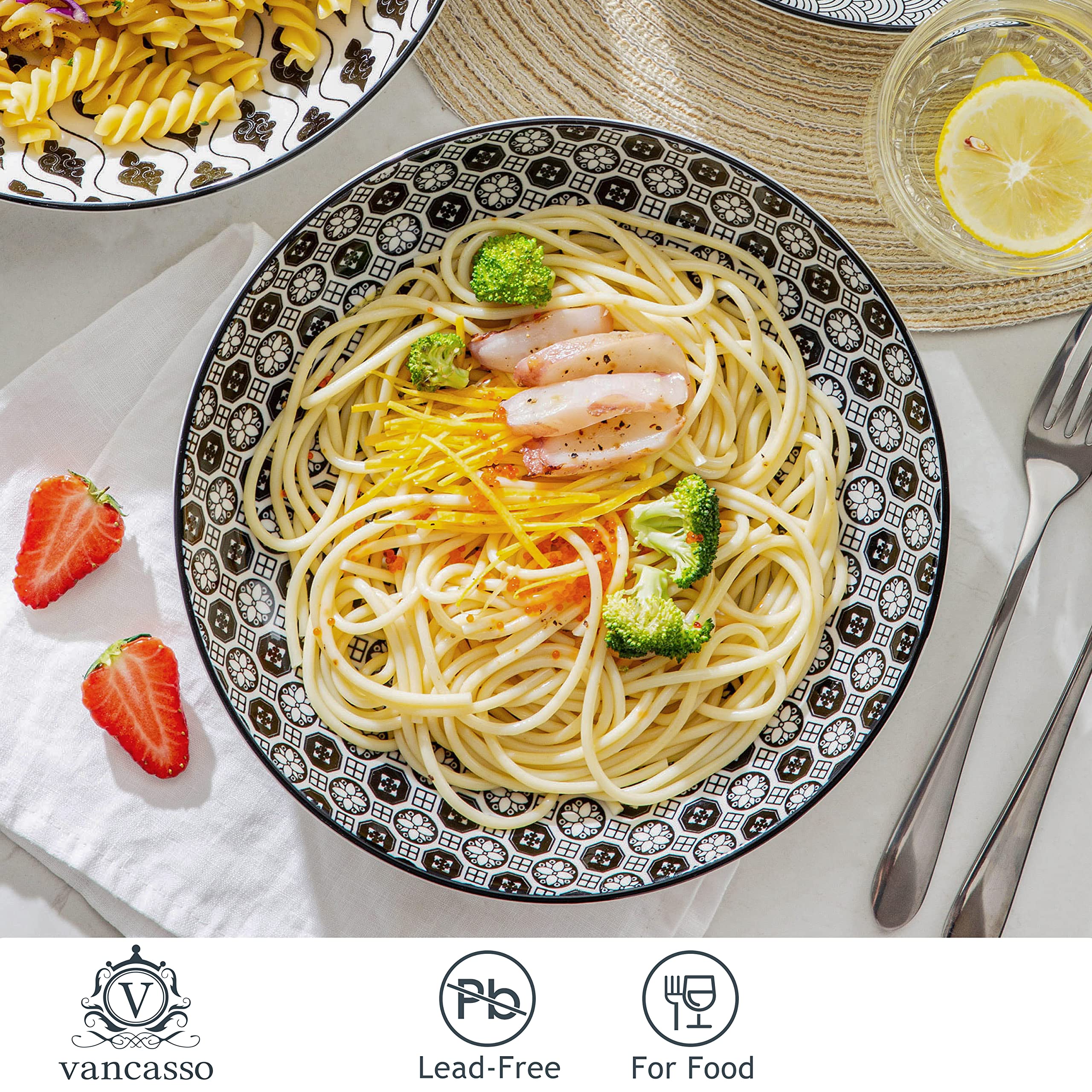 vancasso Serie HARUKA Platos llanos, Platos para pasta, Espagueti, Platos de porcelana para 4 personas, Desayuno estilo japonés/Poke Bowl