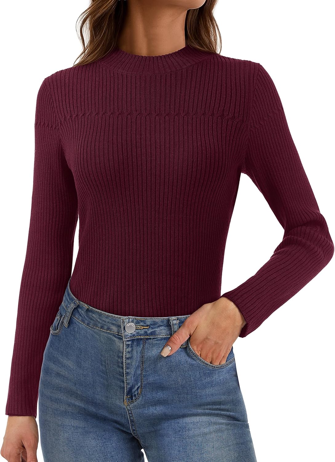 YUCOLEN Women's Long Sleeve Mock Neck Sweater Ribbed Knit Slim Fit Basic Tops Lightweight T Shirts Going Out 2025 Clothes
