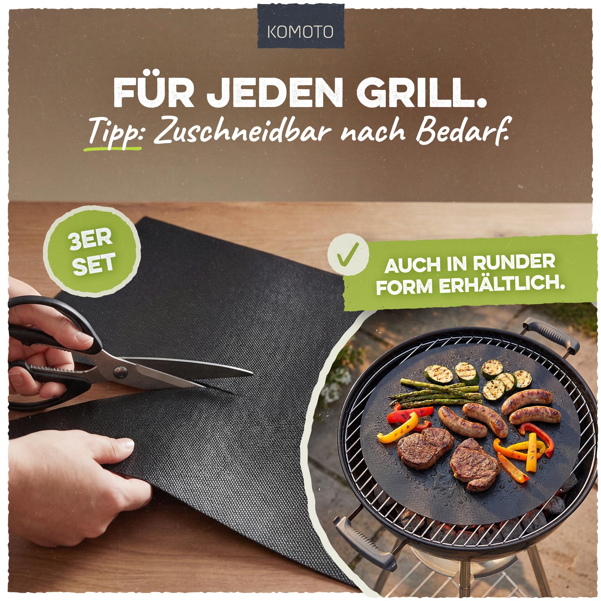 KOMOTO® BBQ Grillmatte (3er Set) 50x40 cm I Extra Dick I Grillmatten für Gasgrill und Holzkohle I Perfekte Alternative zur Grillplatte