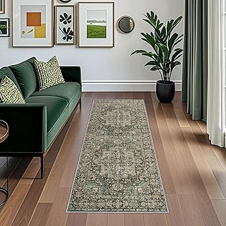 Green Washable Runners for Hallways: 2x6 Kitchen Runner Rugs with Rubber Backing Non Slip Vintage Boho Long Carpet for Living Room Bedroom Bathroom Entryway (Green, 2X6)
