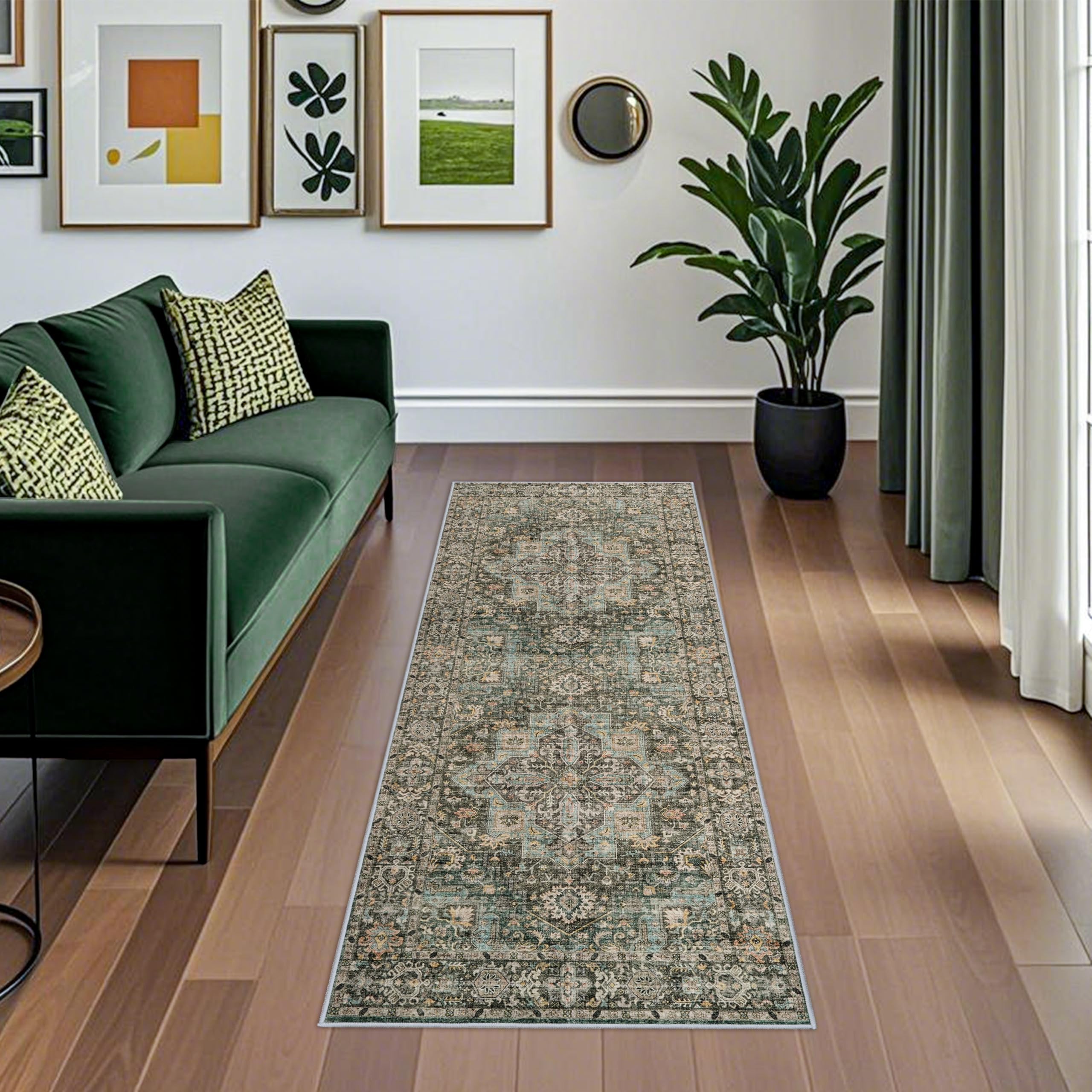 Green Washable Runners for Hallways: 2x6 Kitchen Runner Rugs with Rubber Backing Non Slip Vintage Boho Long Carpet for Living Room Bedroom Bathroom Entryway (Green, 2X6)