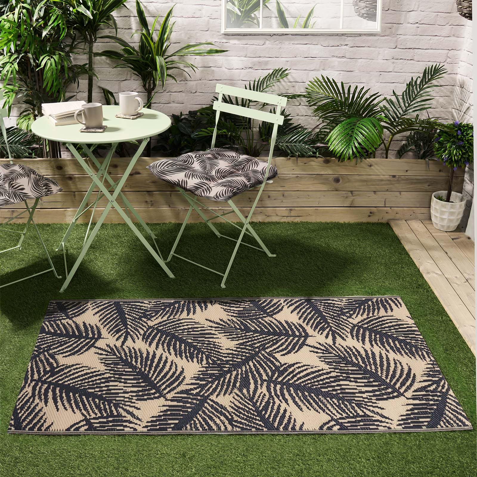 OHS Outdoor Rug Leaf Print, Foldable & Waterproof Rug Garden Mat Reversible Decking Outdoor Carpet Non-Slip Patio Rug For Balcony Porch Poolside, Monochrome-160x230cm