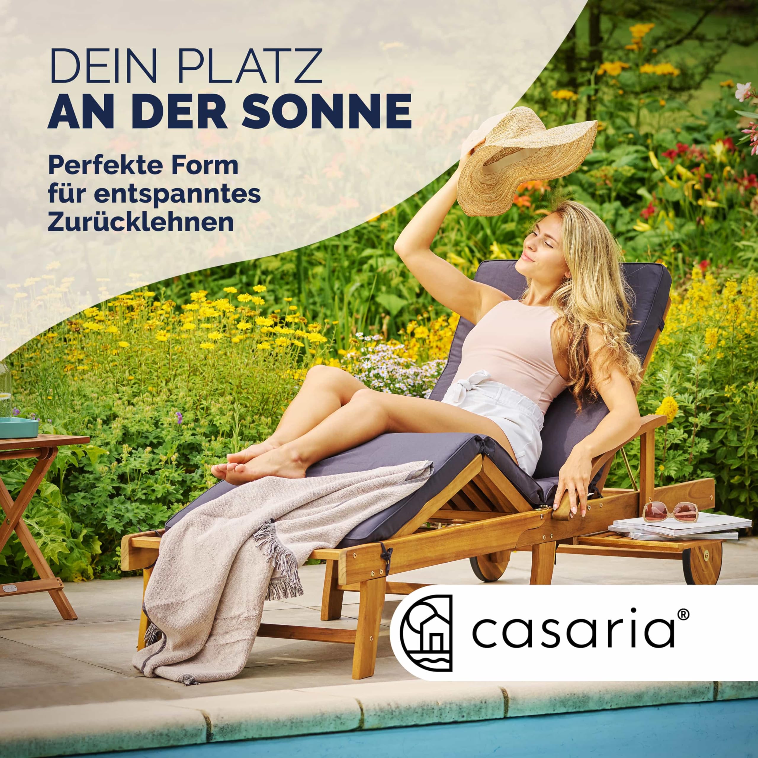 Casaria® Sonnenliege Klappbar Wetterfest Holz Gartenliege 160kg Belastbar mit 2 Räder Ablage Tisch Liegestuhl Verstellbare Rücken- Fußlehne Garten 196cm