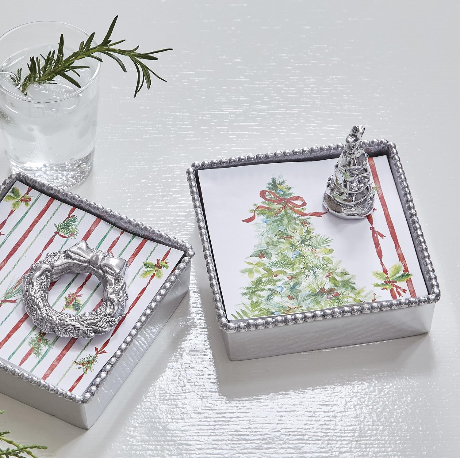 MARIPOSA CHRISTMAS TREE BEADED NAPKIN BOX SET | SILVER | BRILLANTE | GIFTS | NAPKIN BOX & WEIGHT SET | RECYCLED SANDCAST ALUMINUM | HANDMADE IN MEXICO