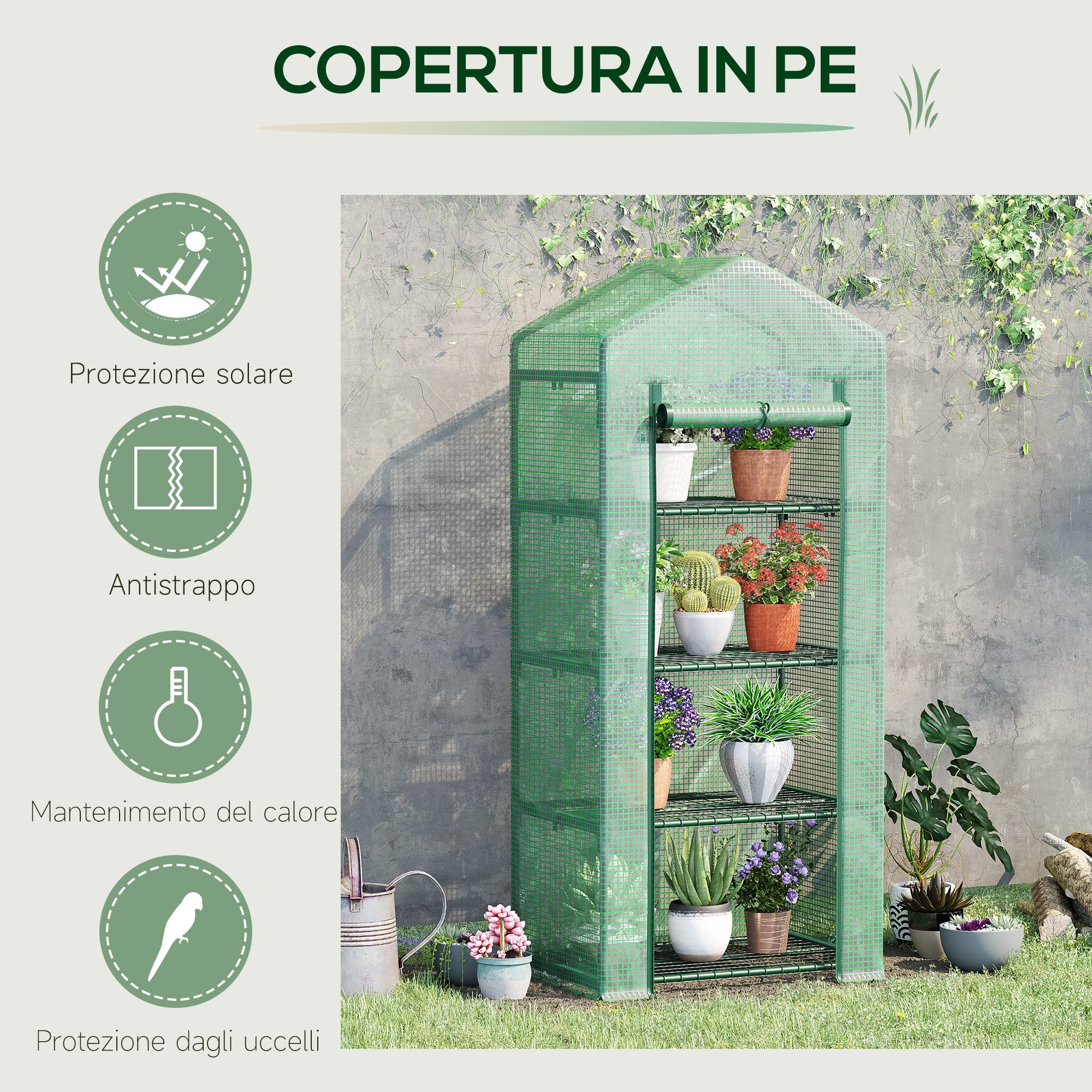 Outsunny Serra per Piante Verticale con Scaffale a 4 Ripiani, Serra da Balcone e Terrazzo in Acciaio e PE Verde Scuro, 70x50x160cm