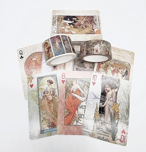 Juego de cartas de póquer Art Nouveau y cinta washi, 54 cartas de juego vintage y 2 Washi Tape Art Set para póquer, regalos, juegos de mesa y