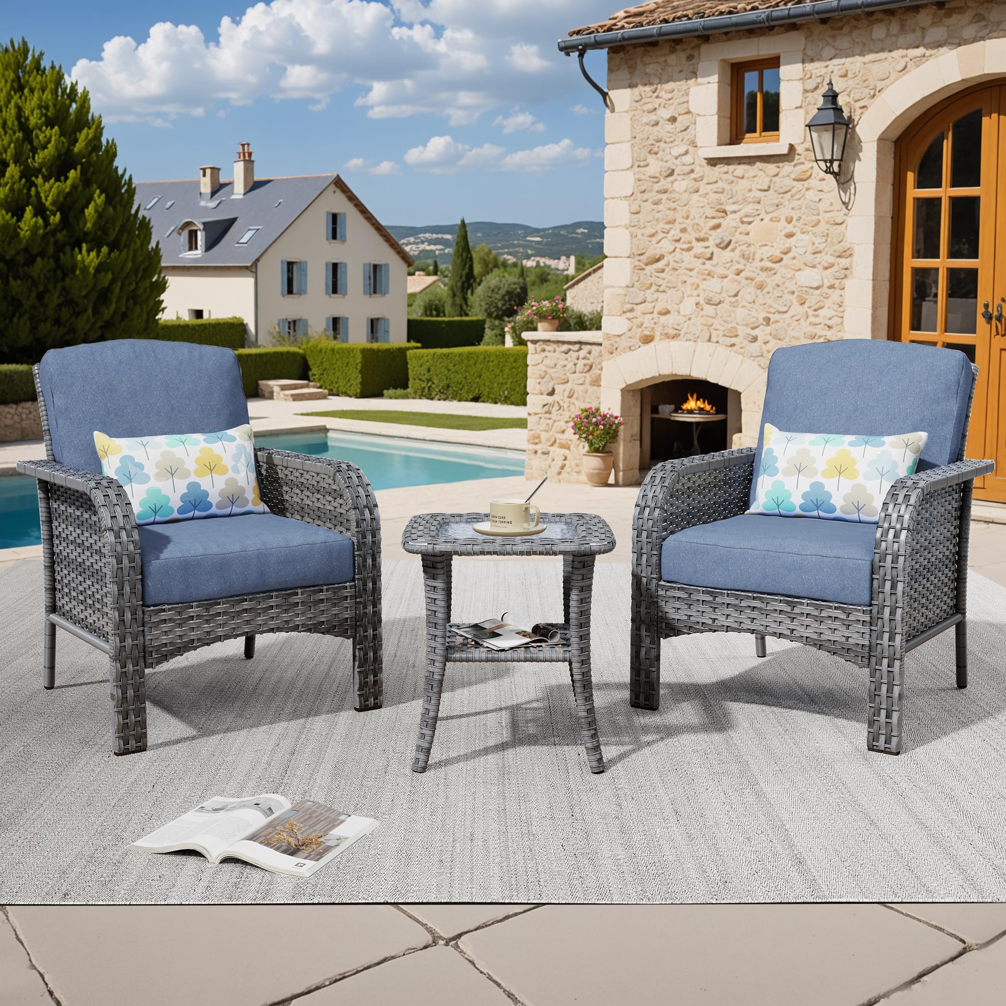 ovios 3 Pieces Patio Dining Chairs with Side Table, Outdoor Wicker Rattan Chairs of 2, All Weather High Back Chairs with Comfy Cushions for Porch Deck