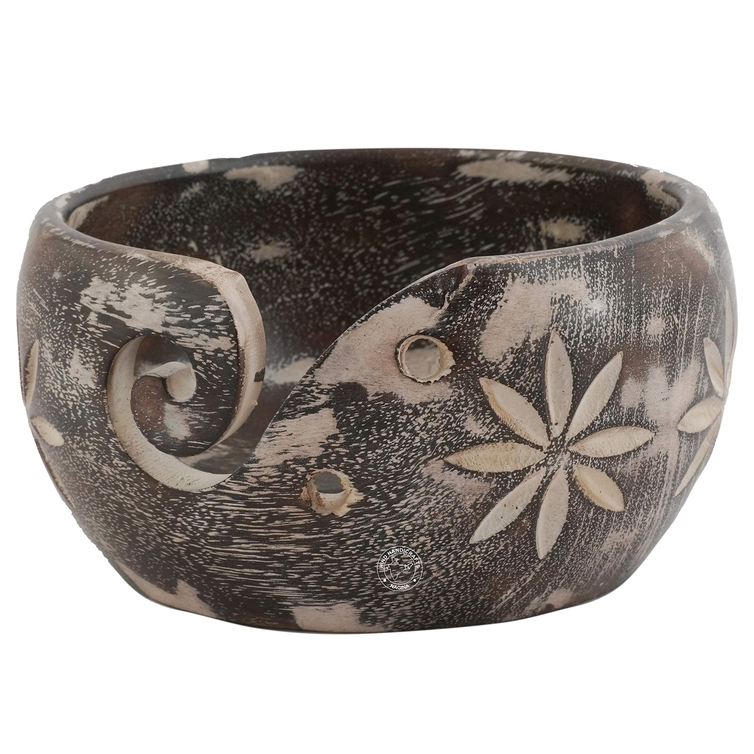 Wooden Yarn Bowl for Crochet &amp; Knitting – Handcrafted Antique Whitewashed Crochet Yarn Holder – No Tangles, Heavy Base Stability – Ideal Gift for Knitters &amp; Crocheters (6" x 6" x 3")