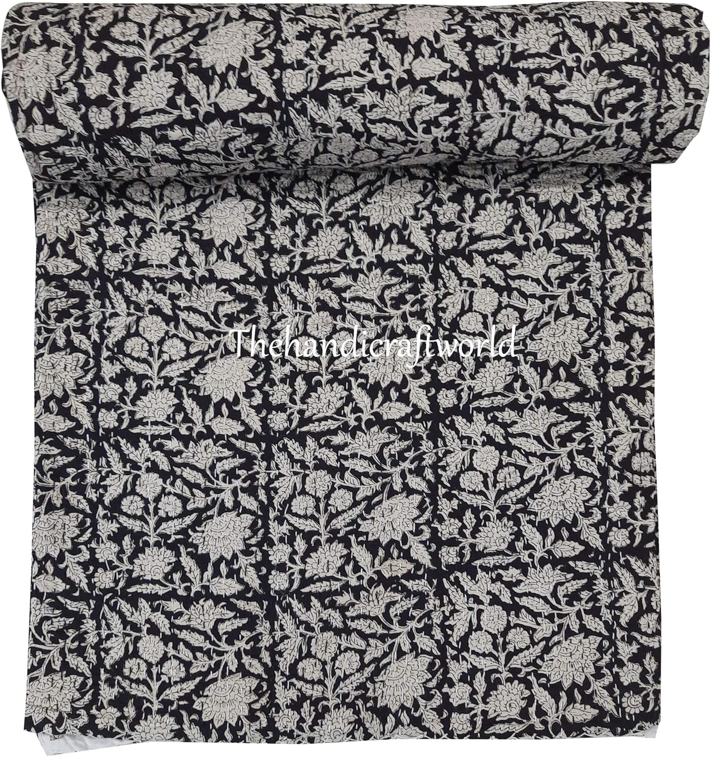 Stitching Reversible Blanket Floral Black Quilted Throw Cotton Quilt, Handmade Bedpsread King Size 90x108 Inch