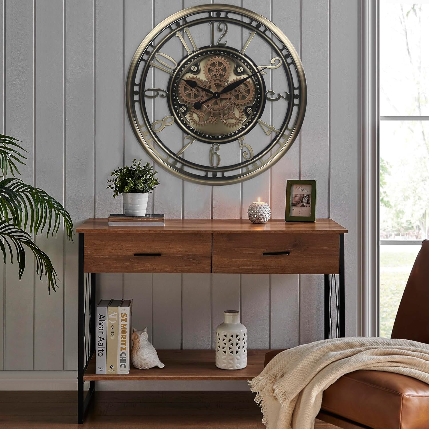 CLXEAST 28 Inch Large Moving Gear Wall Clock for Living Room Decor, Modern Farmhouse Wall Clock for Home Office,Brass Gold,House Warming Gifts New Home