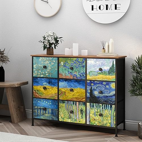 EXOTICA Van Gogh - Cómoda ancha de 9 cajones para TV, cómoda colorida y cómoda, muebles de entrada para dormitorio, sala de estar, pasillo,