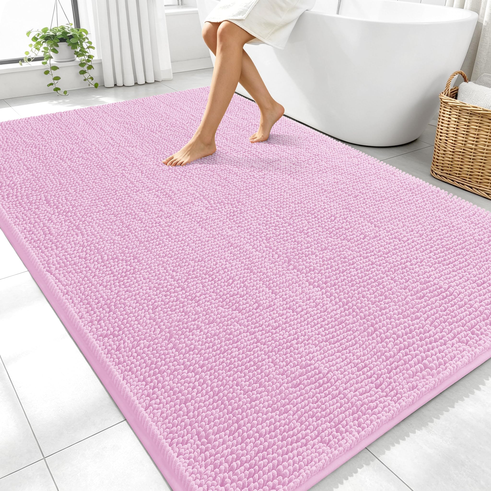 OLANLY Large Bathroom Rugs 70x46, Extra Soft Absorbent Chenille Bath Rugs | Pink, Quick-Drying Rubber Backing, Machine Washable Bath Mat for Bathroom Floor, Tub and Shower, Home Decor Accessories