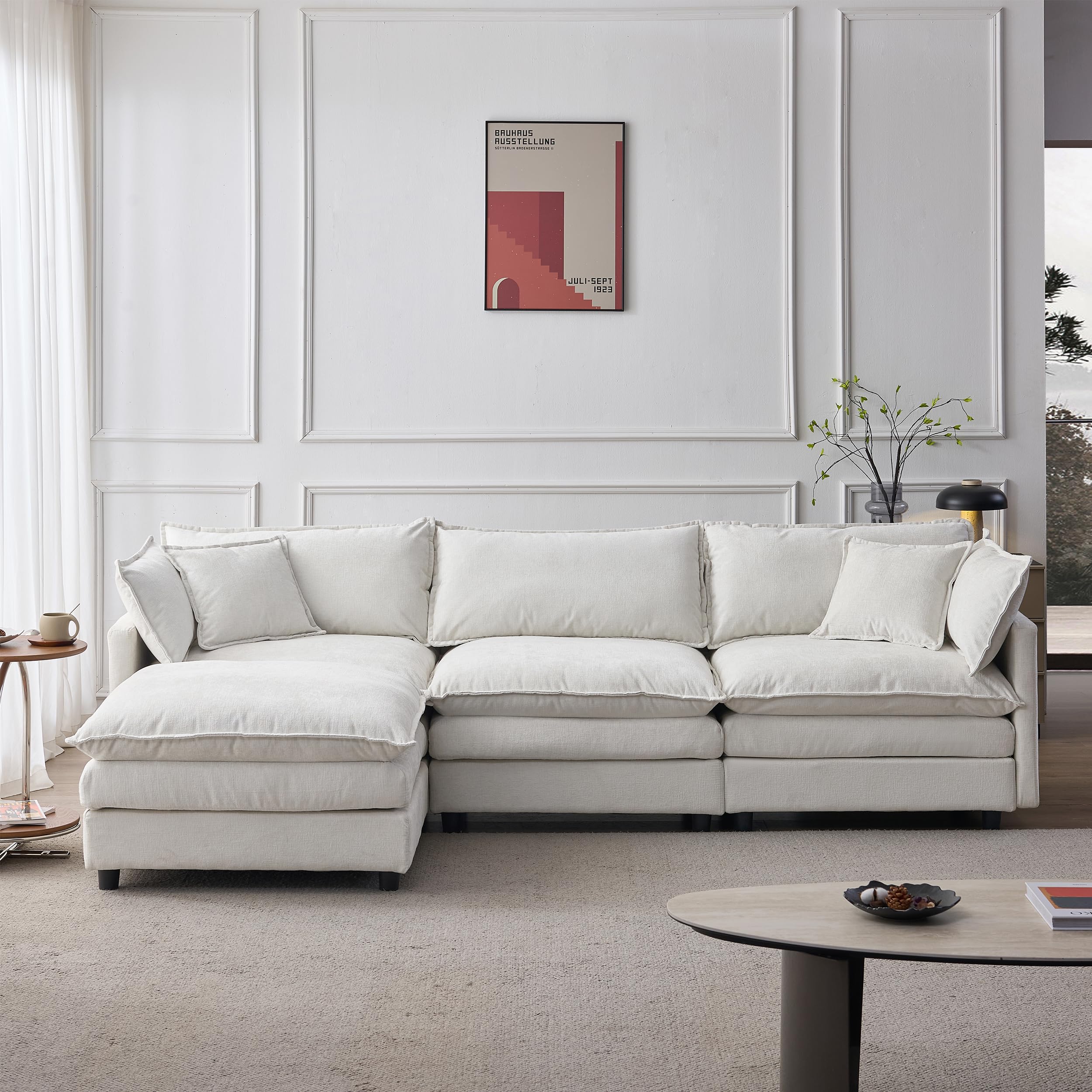 Muskel Sofá esquinero modular de chenilla premium, sofá de 3 plazas en forma de L con chaise longue y taburete, para apartamentos pequeños, sala de estar y salón, cómodo sofá de salón