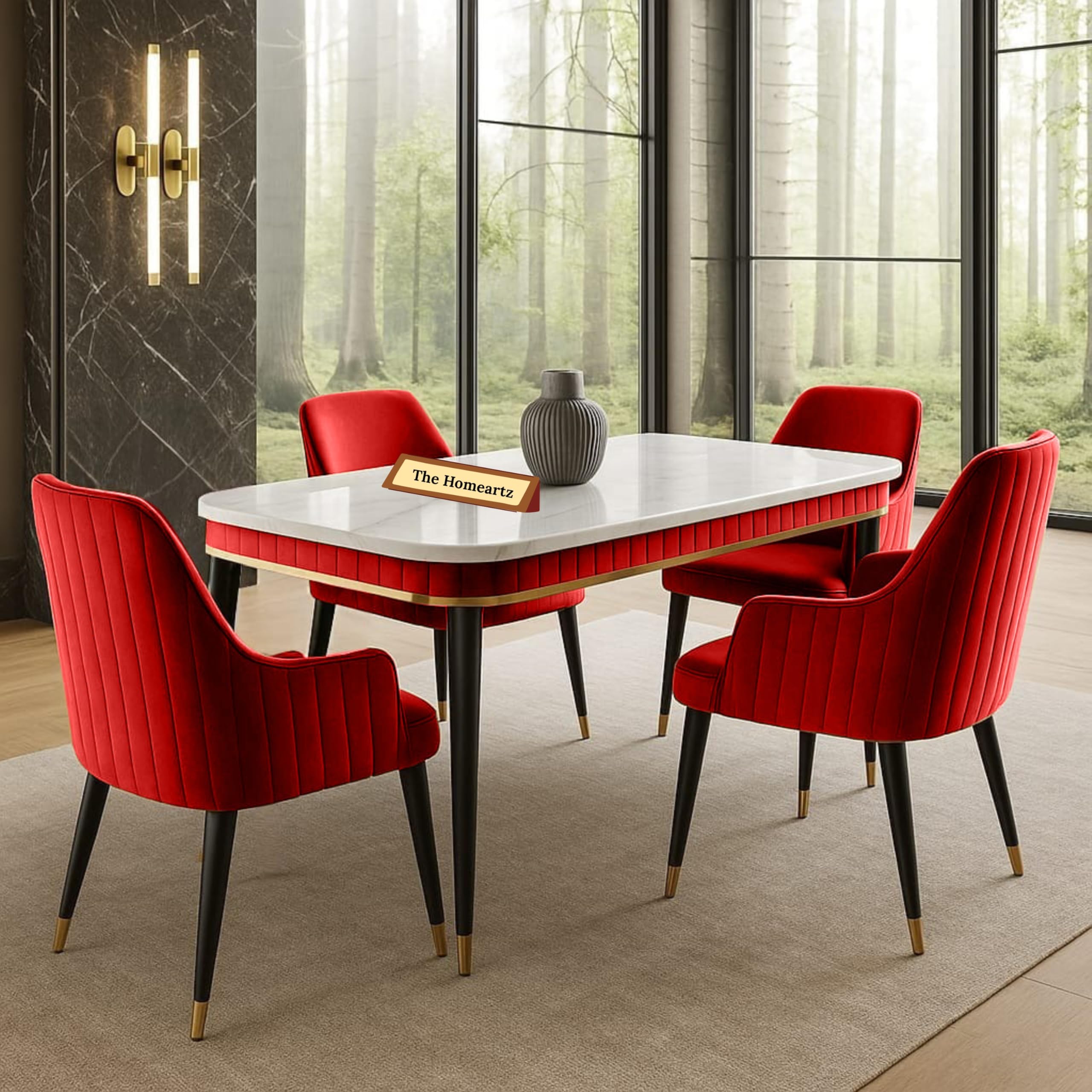 The Homeartz 4-Seater Modern Wooden Dining Table Set | 2 Year Warranty | Created Italian Statuario Marble Top | Elegant Marble Table with 4 Chairs (Maroon)