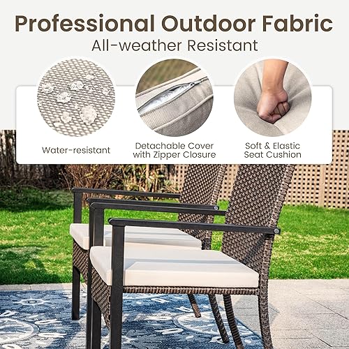 Miniatura 7 de PHI VILLA Juego de 2 sillas de mimbre para exteriores, sillones de metal cubiertos de ratán con cojín extraíble, juego de muebles resistentes para