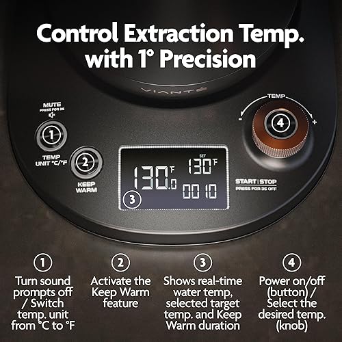 Miniatura 5 de Vianté Hervidor eléctrico de cuello de cisne con control de temperatura preciso para café y té. Hervidor rápido, acero inoxidable sin BPA. Incluye