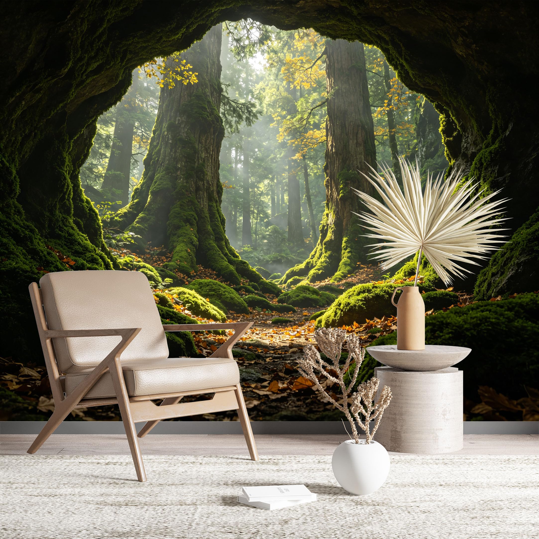 Custom Size Wall Murals Mossy Cave View of Ancient Forest Wall Murals Nature Wallpaper Wall Stickers Self-Adhesive Removable Wallpaper for Living Room Bedroom