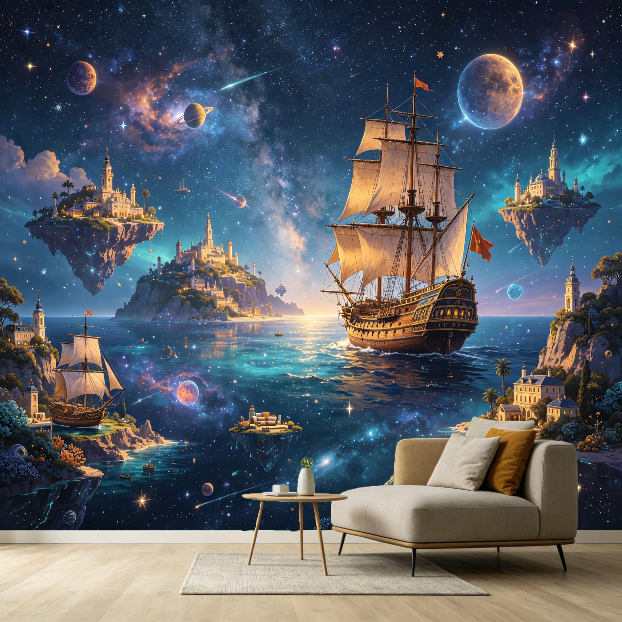 Custom Size Wall Murals Fantasy Space Ocean Ship Floating Castle Galaxy 3D SelfAdhesive Wall Fabric Removable Large Wallpaper for Photo Living Room