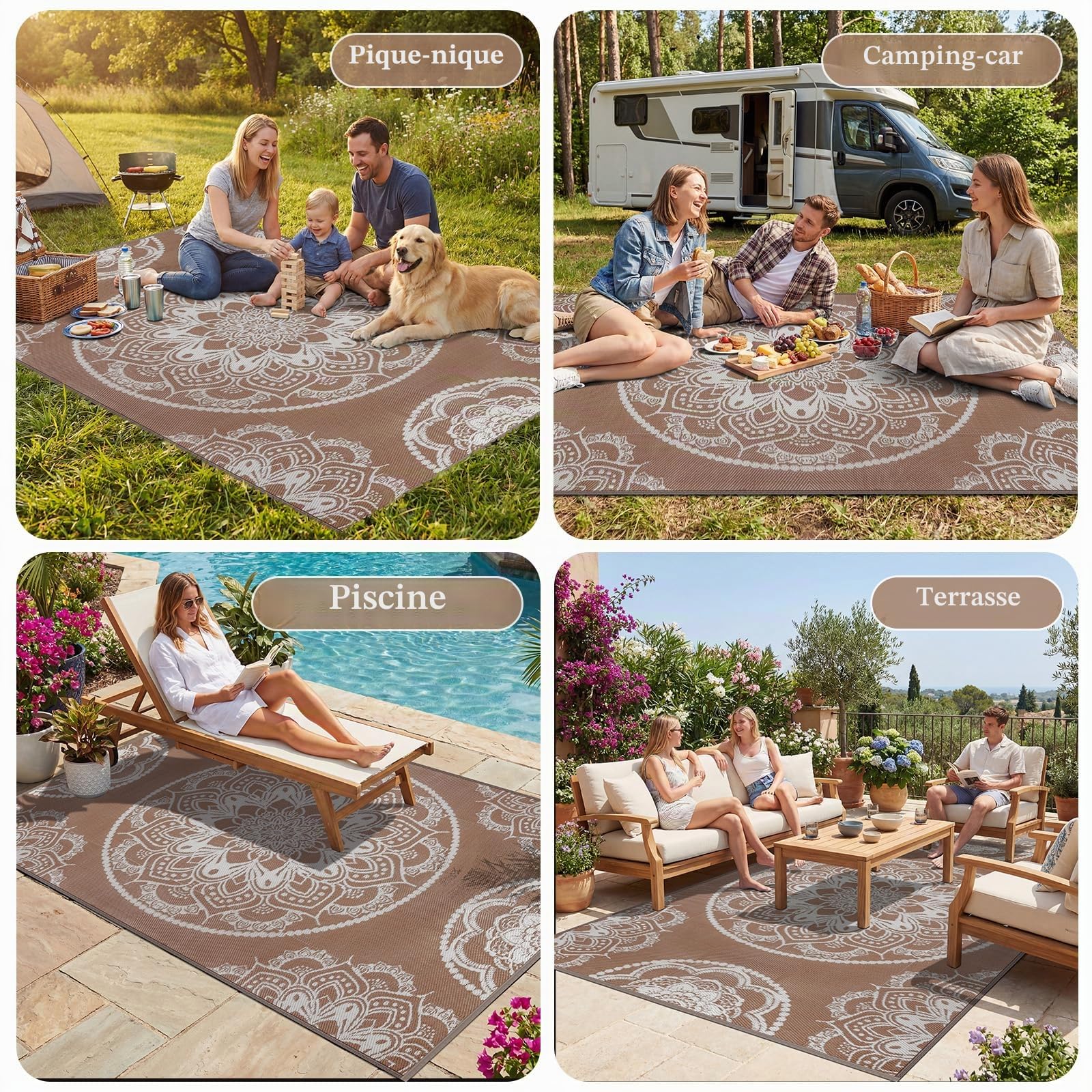 Tapis Exterieur Resistant Pluie Terrasse Tapis Barbecue Sol Exterieur Grand Tapis Plastique Exterieur Imperméable Tapis d'extérieur pour Terrasse Jardin Balcon Plage Salon 180 x 270 cm, Beige Marron