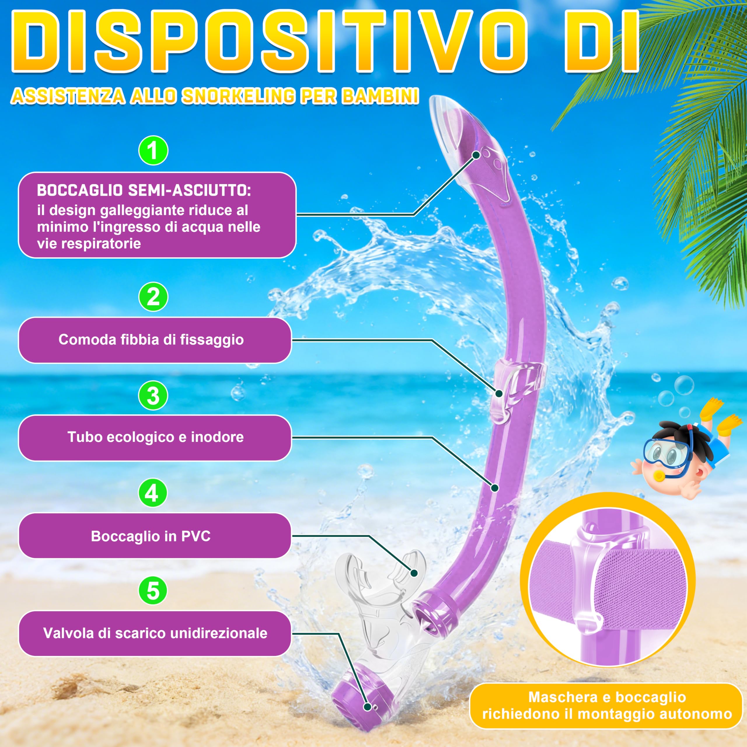 IEEILULU Maschera Subacquea Bambini Occhialini Boccaglio Tappi Impermeabili Retina Antiappannamento Visione Panoramica 180° HD 4 Colori