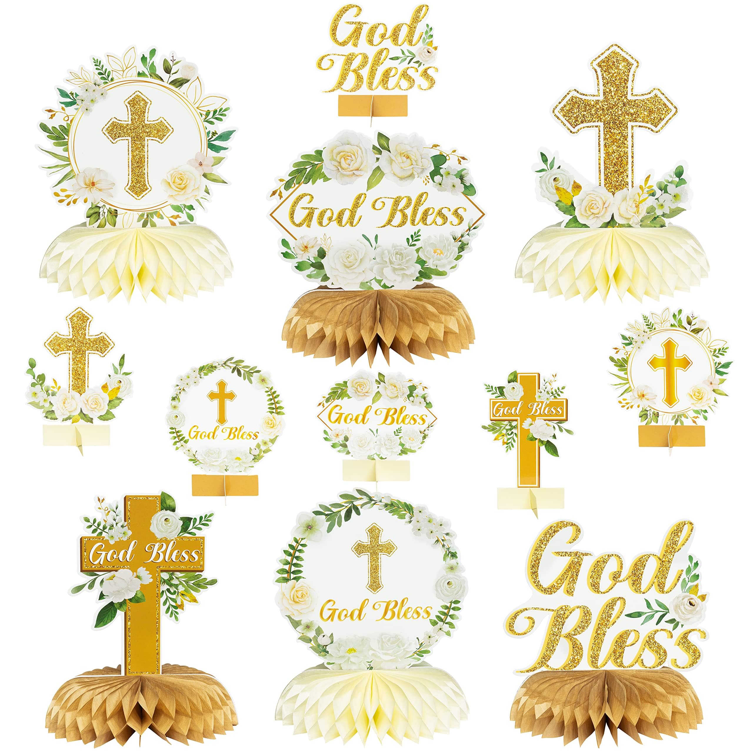 ANGOLIO White Gold Floral Honeycomb Centerpieces - 12Pcs Cross Rose Greenery God Bless Baptism Party Decoration Baby Shower First Communion Birthday Party Supplies for Boy Girl 3D Wedding Table Topper