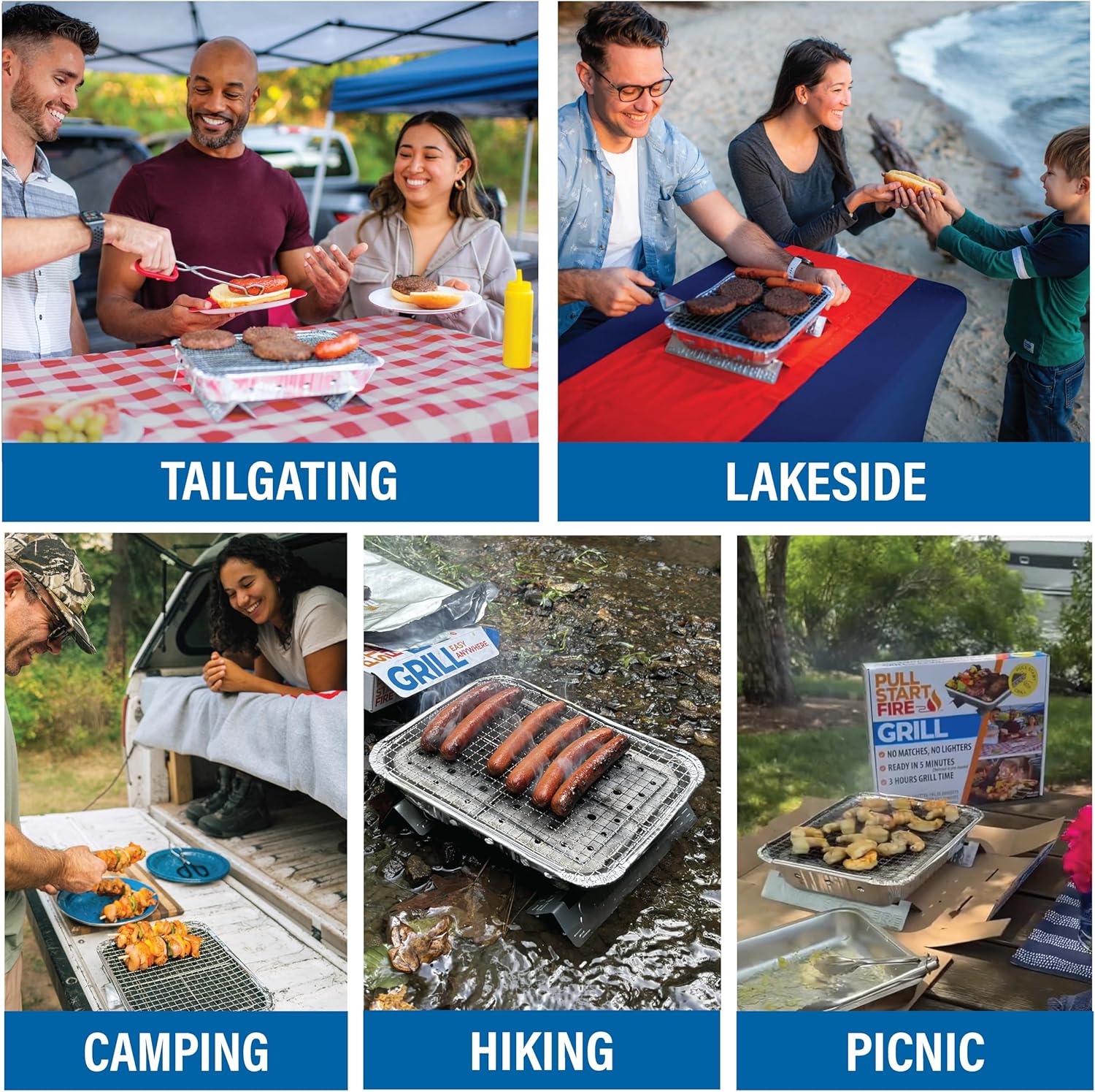 Pull Start Fire Grill | Single Use Portable Disposable Charcoal BBQ with Pull Start Matchless Ignition | Ready in 5 Min, 3 Hour Burn | Camping, Tailgating, Outdoor Cooking, No Cleanup Needed