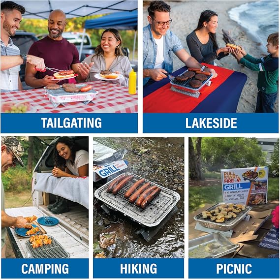 Pull Start Fire Grill | Single Use Portable Disposable Charcoal BBQ with Pull Start Matchless Ignition | Ready in 5 Min, 3 Hour Burn | Camping, Tailgating, Outdoor Cooking, No Cleanup Needed